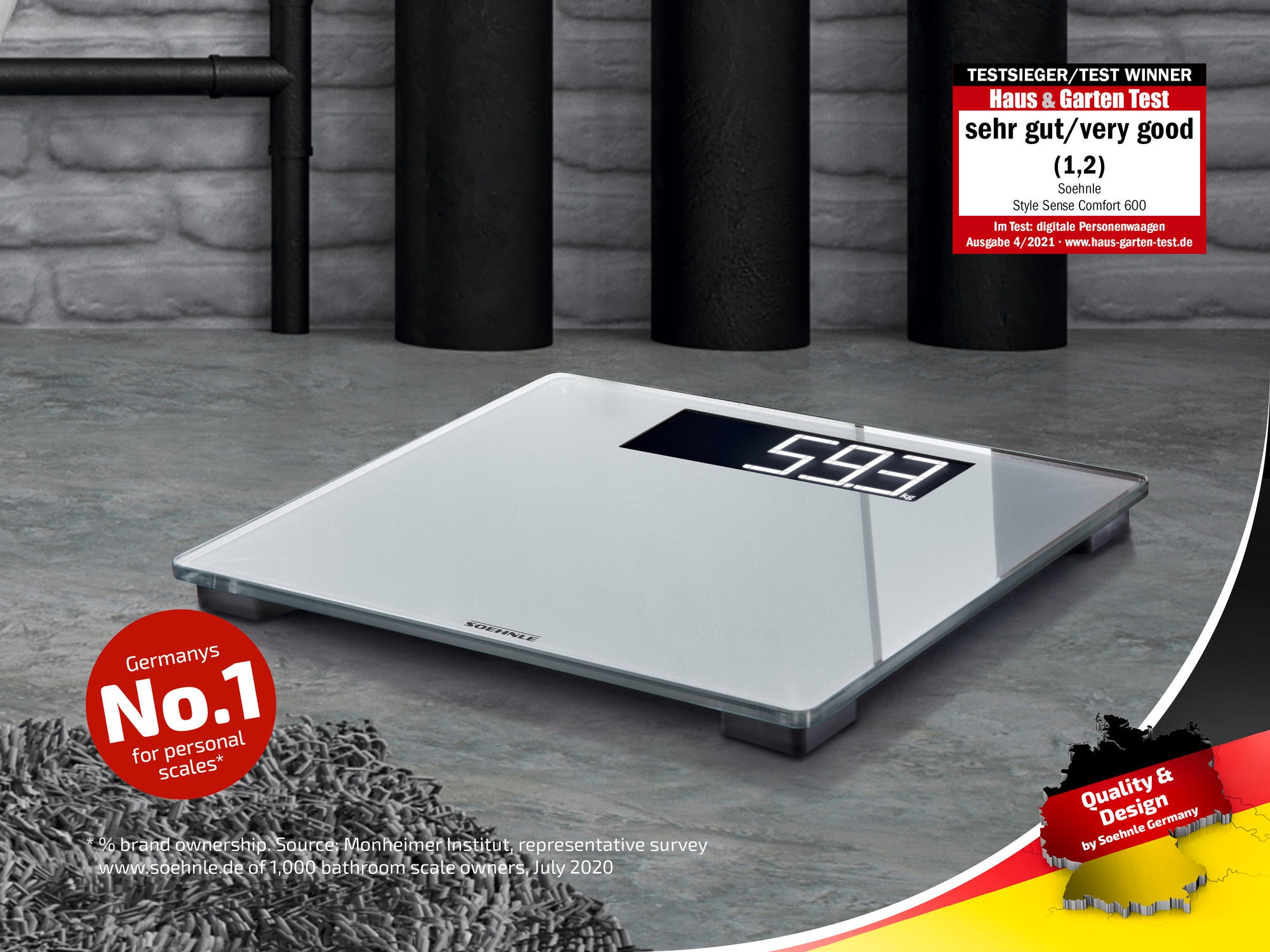 A digital bathroom scale from Soehnle, model Style Sense Comfort 600, on a grey floor. The scale has a clear LED display and was awarded the title of test winner.