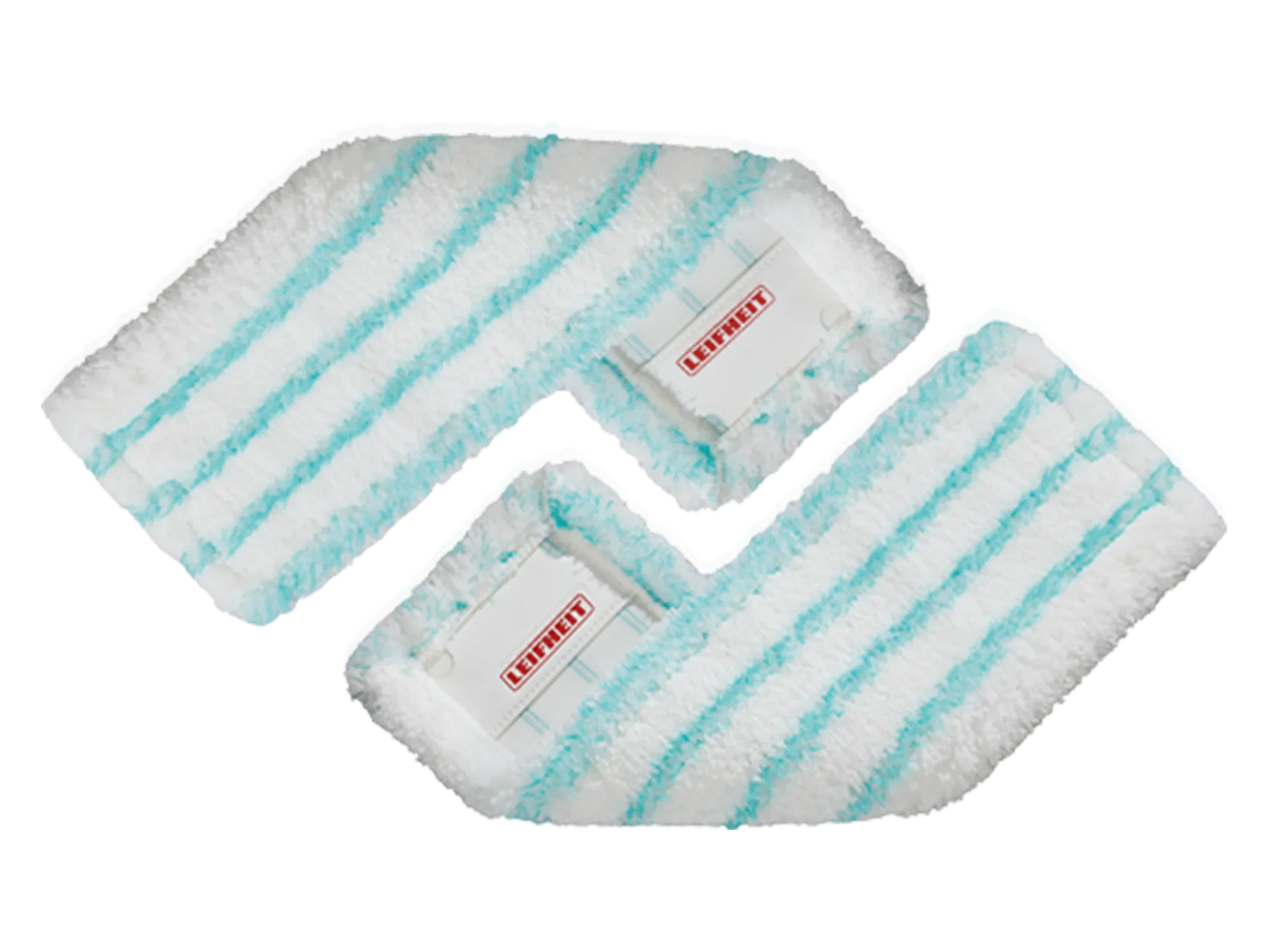 Dwie białe nakładki na mopa z niebieskimi paskami, odpowiednie do mopa Profi XL micro duo. Idealne do dokładnego czyszczenia podłóg. Wysokiej jakości materiał zapewniający skuteczne usuwanie brudu.