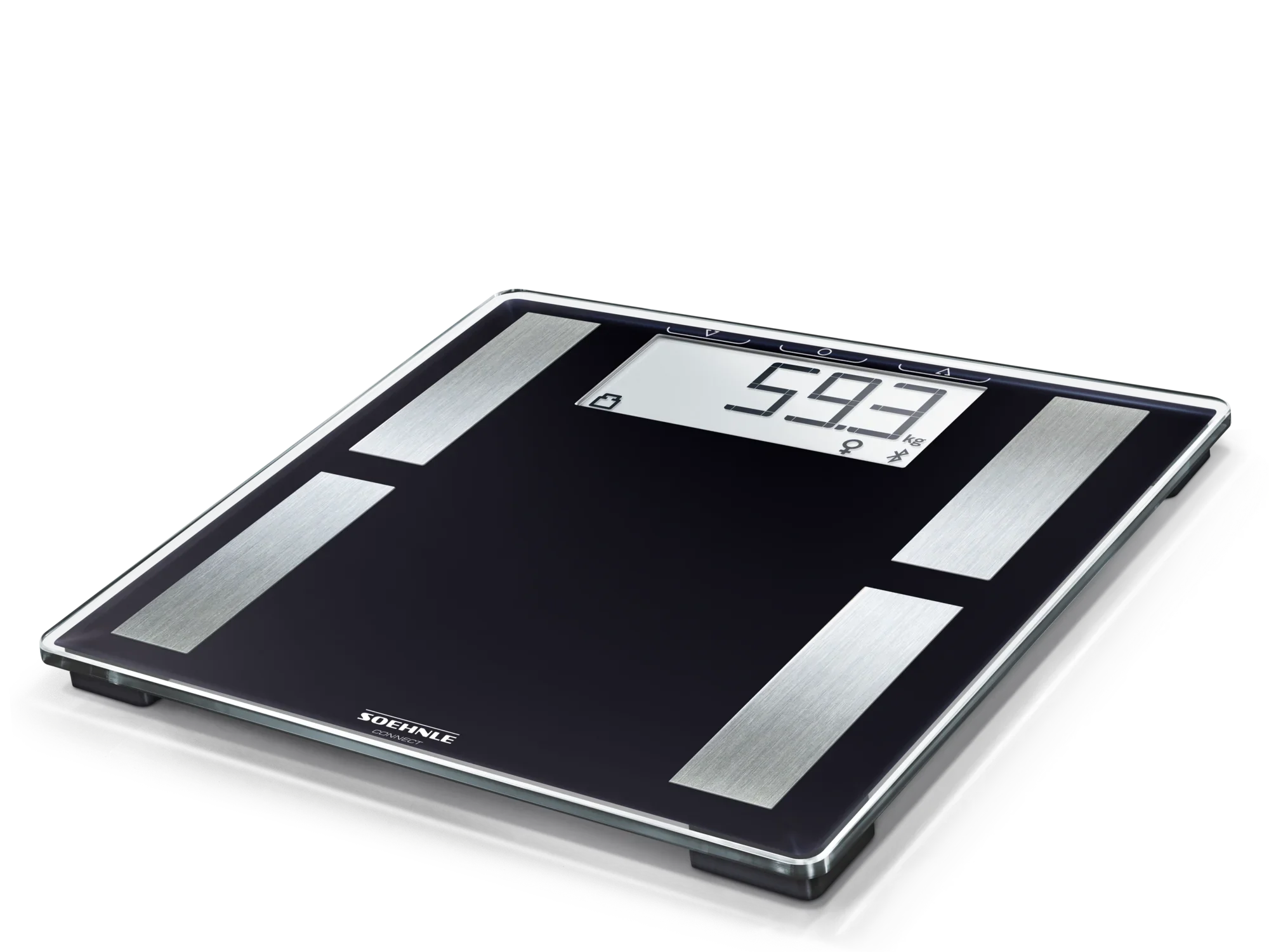 Cyfrowa waga łazienkowa Shape Sense Connect 50 w eleganckim czarnym kolorze z dużym, czytelnym wyświetlaczem. Idealna do precyzyjnych pomiarów masy ciała i analizy sylwetki.
