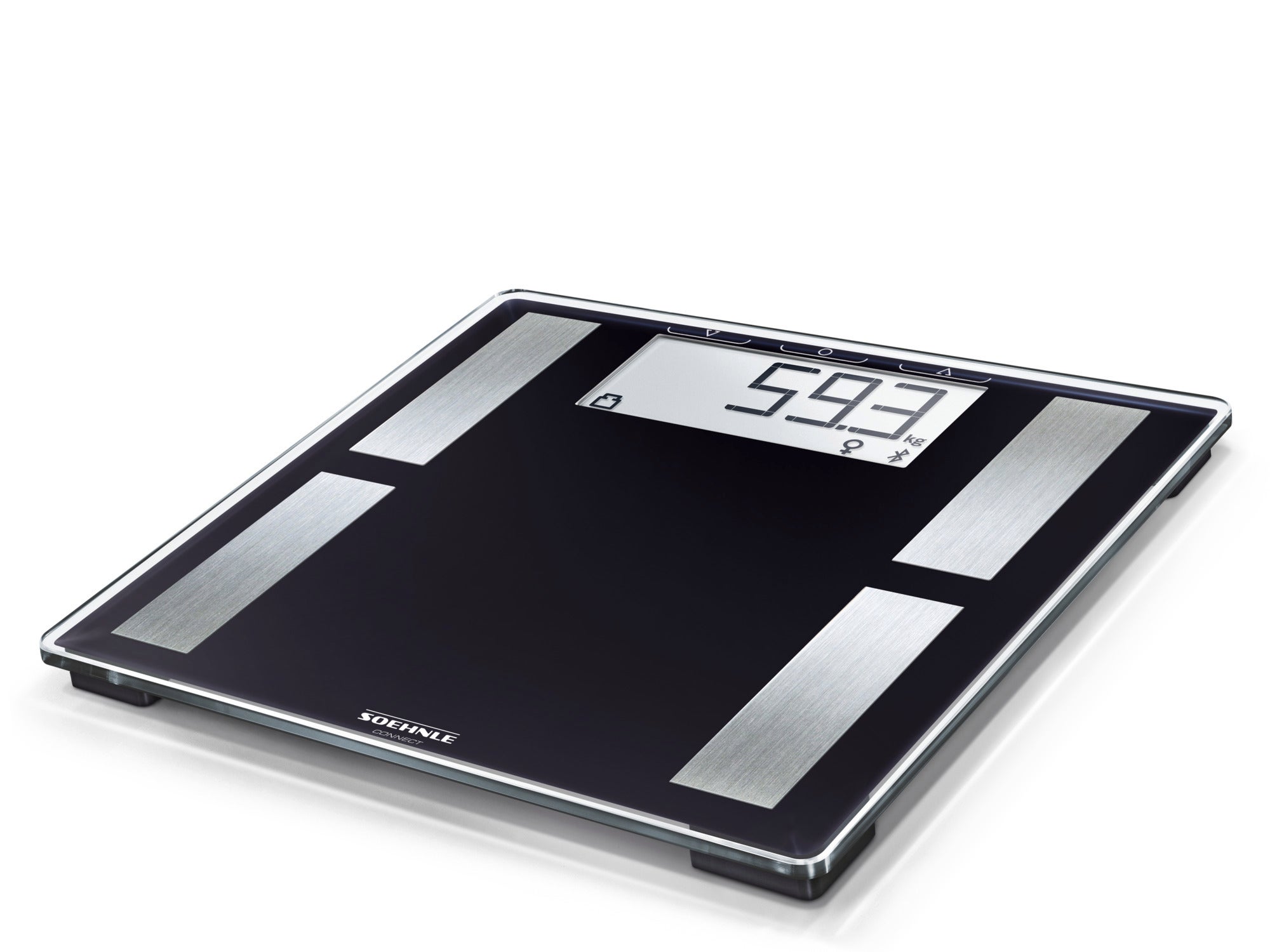Digitale Personenwaage Shape Sense Connect 50 in elegantem Schwarz mit großem, gut lesbarem Display. Ideal zur präzisen Gewichtsmessung und Körperanalyse.