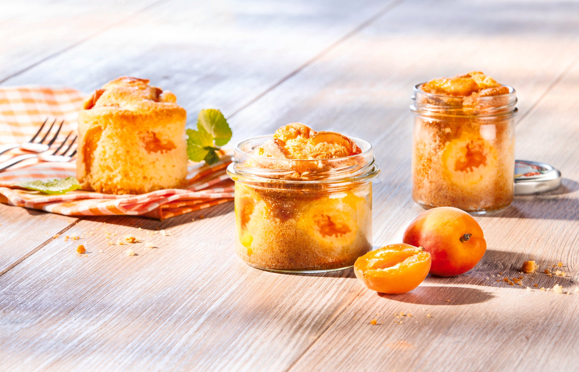 Sturzgläser mit Aprikosenkuchen auf einem Holztisch. Zwei Gläser gefüllt mit Kuchen und Aprikosen, daneben ein Stück Kuchen auf einem karierten Tuch. Sonnenlicht fällt auf die Szene.