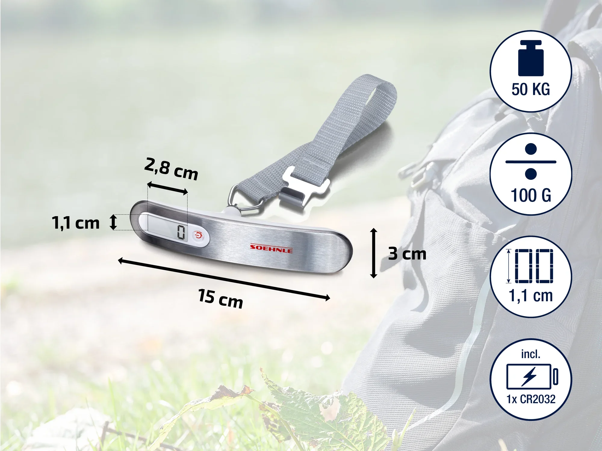 Cyfrowa waga bagażowa Soehnle z limitem wagi 50 kg. Jest kompaktowa, mierzy 15 cm długości i waży 100 g. Idealna w podróży, bateria CR2032 w zestawie.