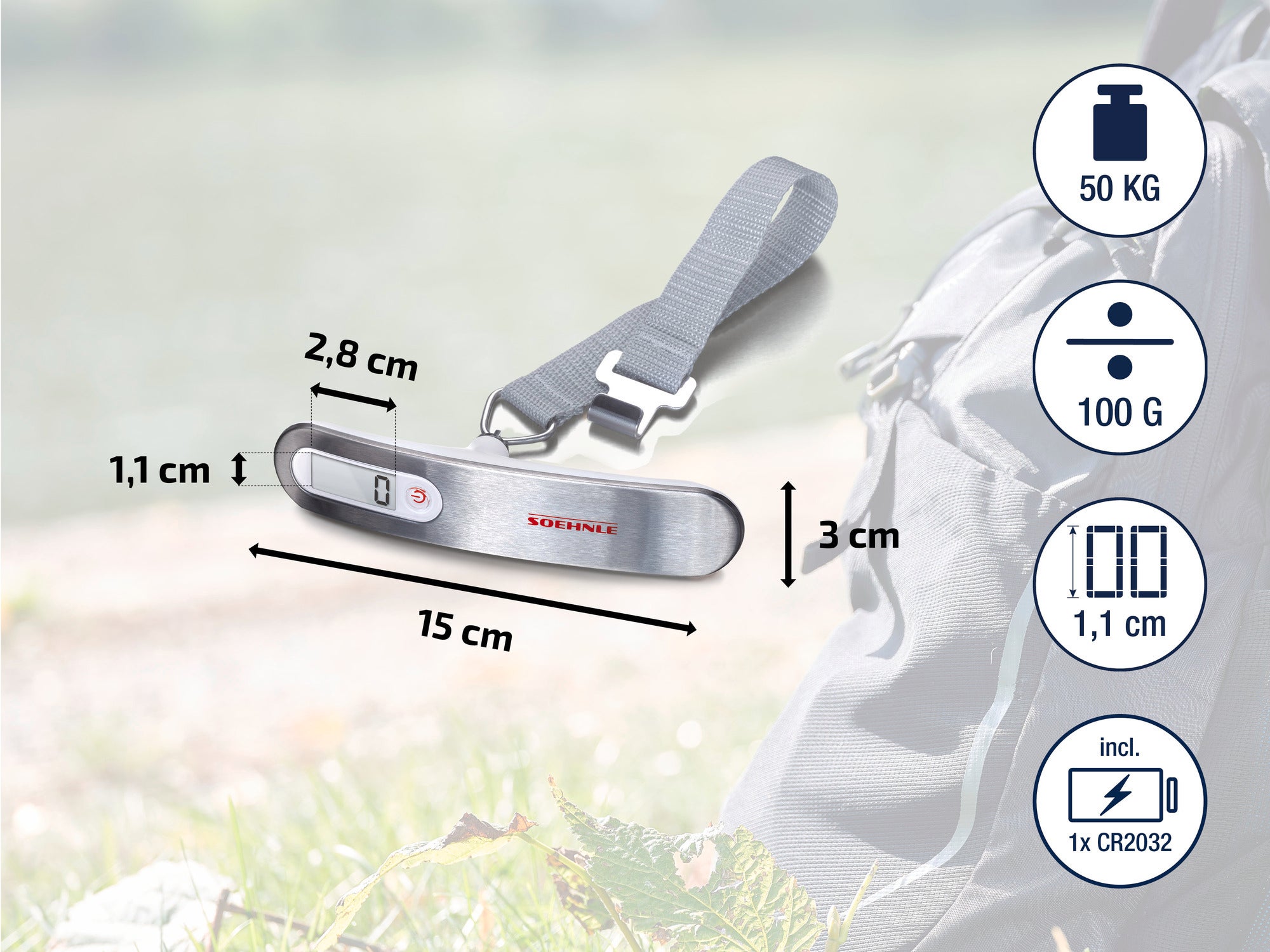 Cyfrowa waga bagażowa Soehnle z limitem wagi 50 kg. Jest kompaktowa, mierzy 15 cm długości i waży 100 g. Idealna w podróży, bateria CR2032 w zestawie.