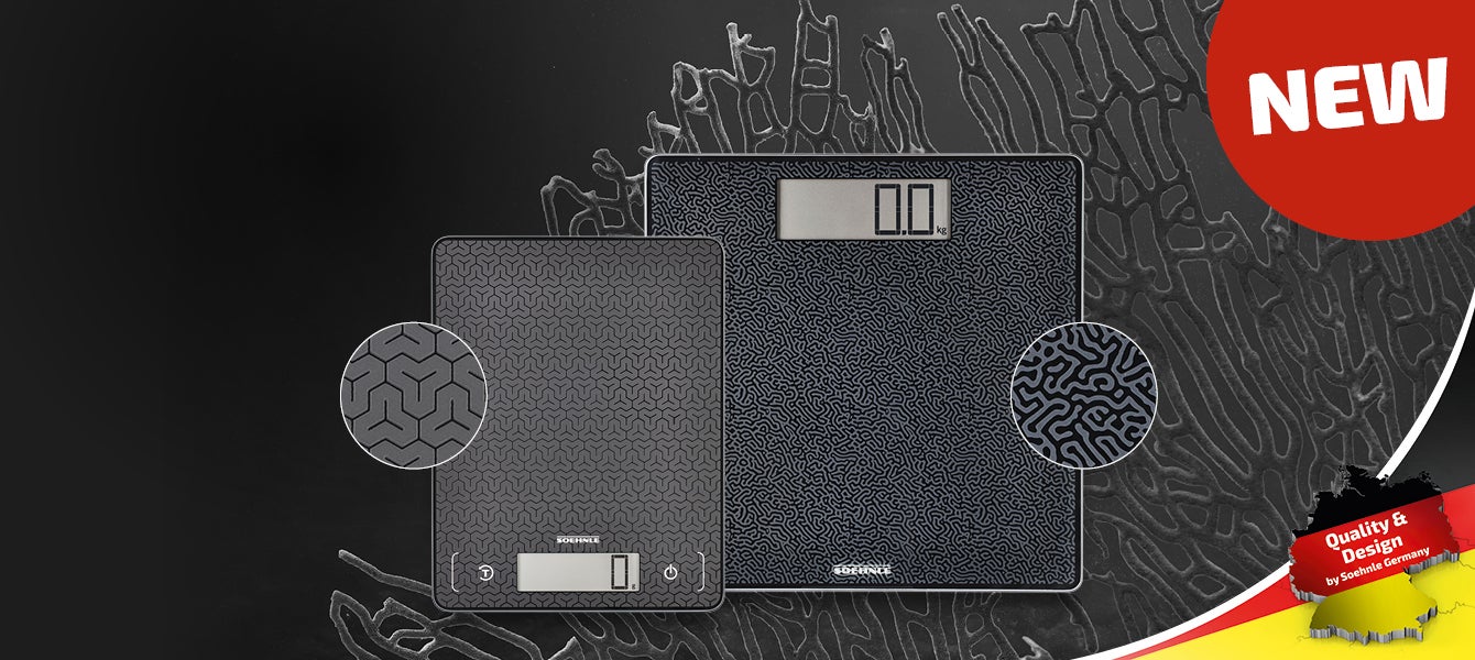 Two digital scales with intricate, black patterns and clear LCD displays, labeled "NEW" and "Quality & Design by Soehnle Germany."
