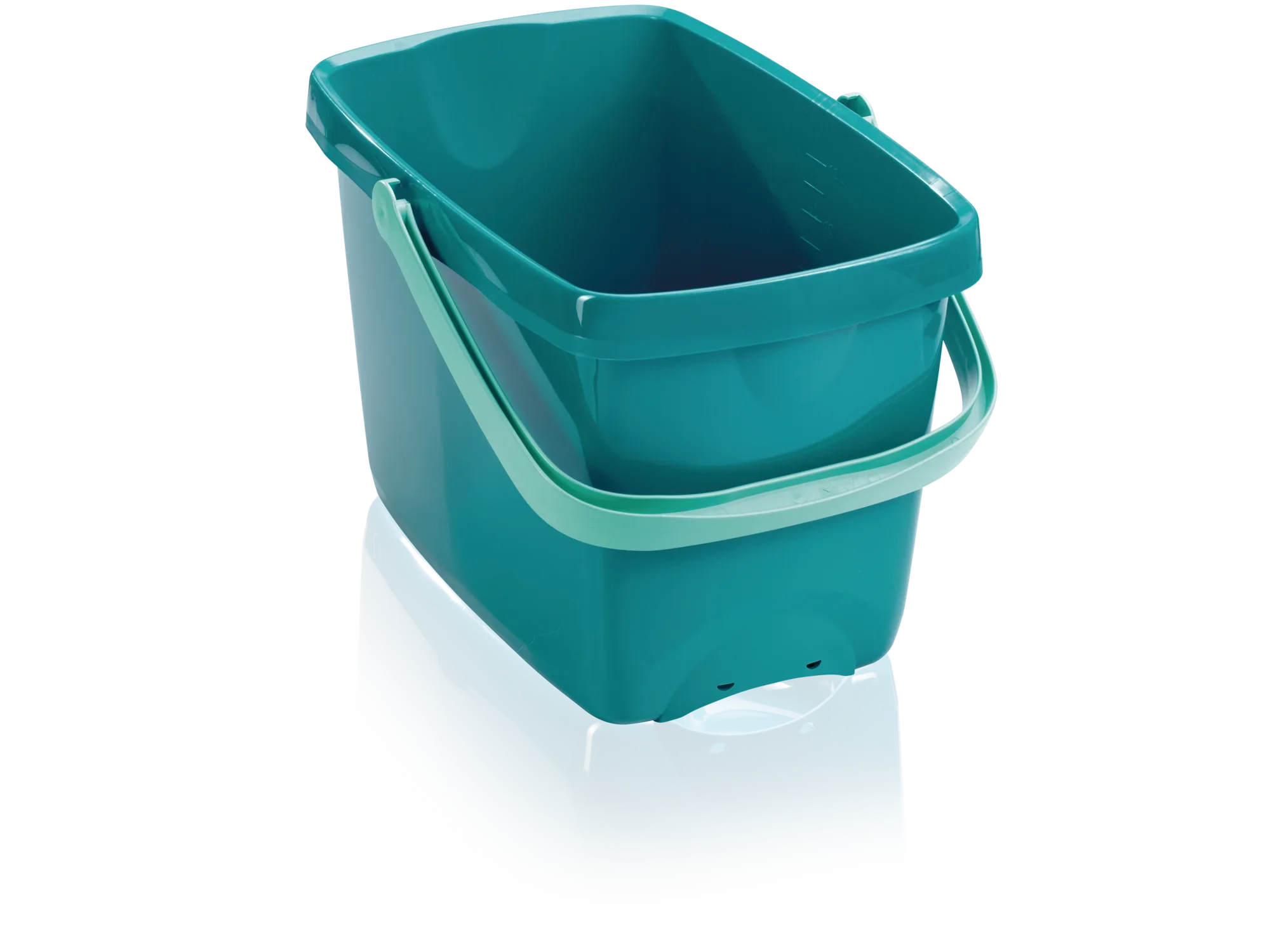 Prostokątne wiadro w kolorze turkusowym z wytrzymałym, jasnozielonym uchwytem. Wiadro jest pojemne i idealne do domowych prac porządkowych.