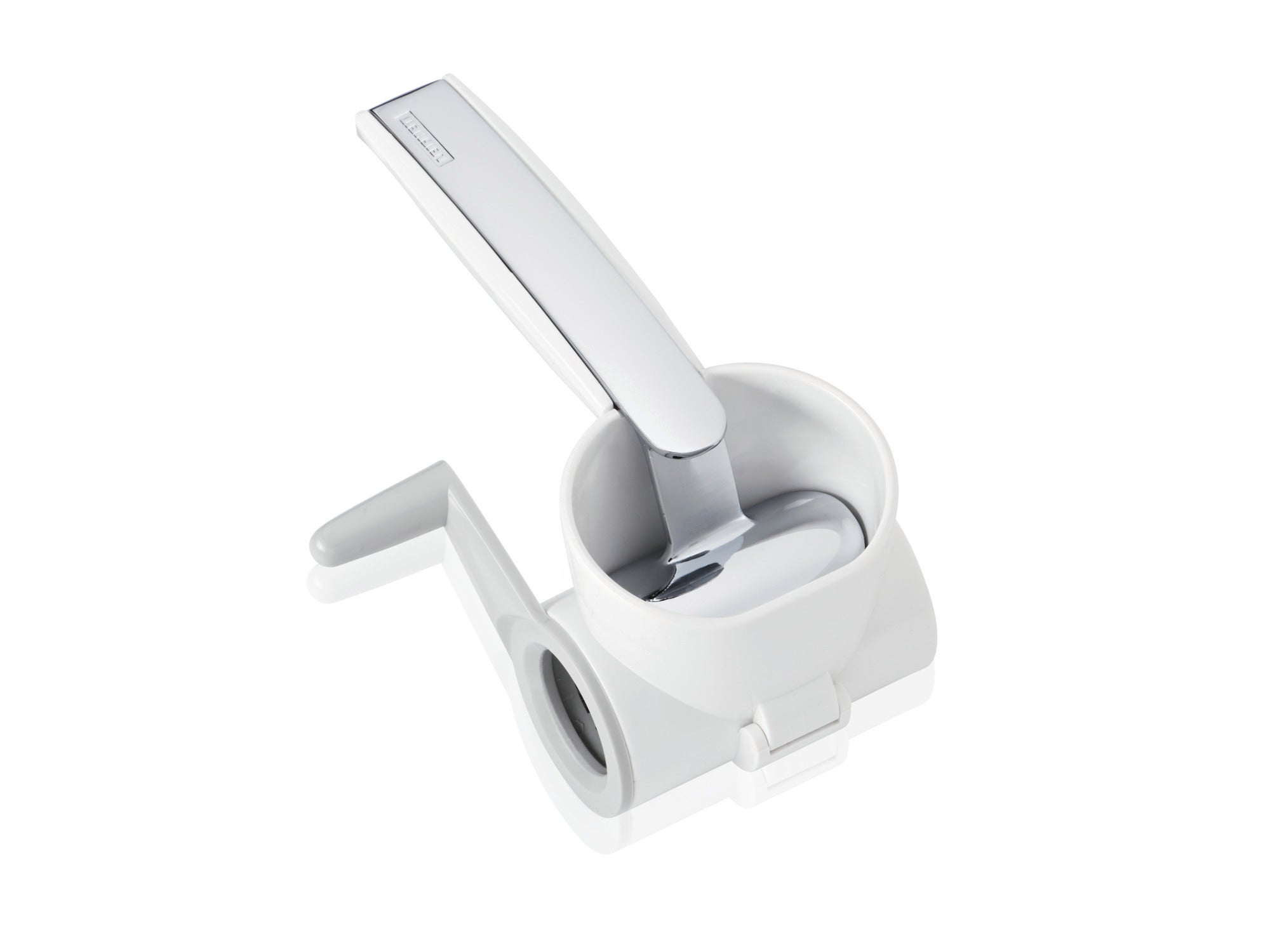 Käsereibe aus Kunststoff mit Kurbel und Edelstahlklinge. Ideal zum Reiben von Hartkäse. Ergonomisches Design für einfache Handhabung und effizientes Reiben.