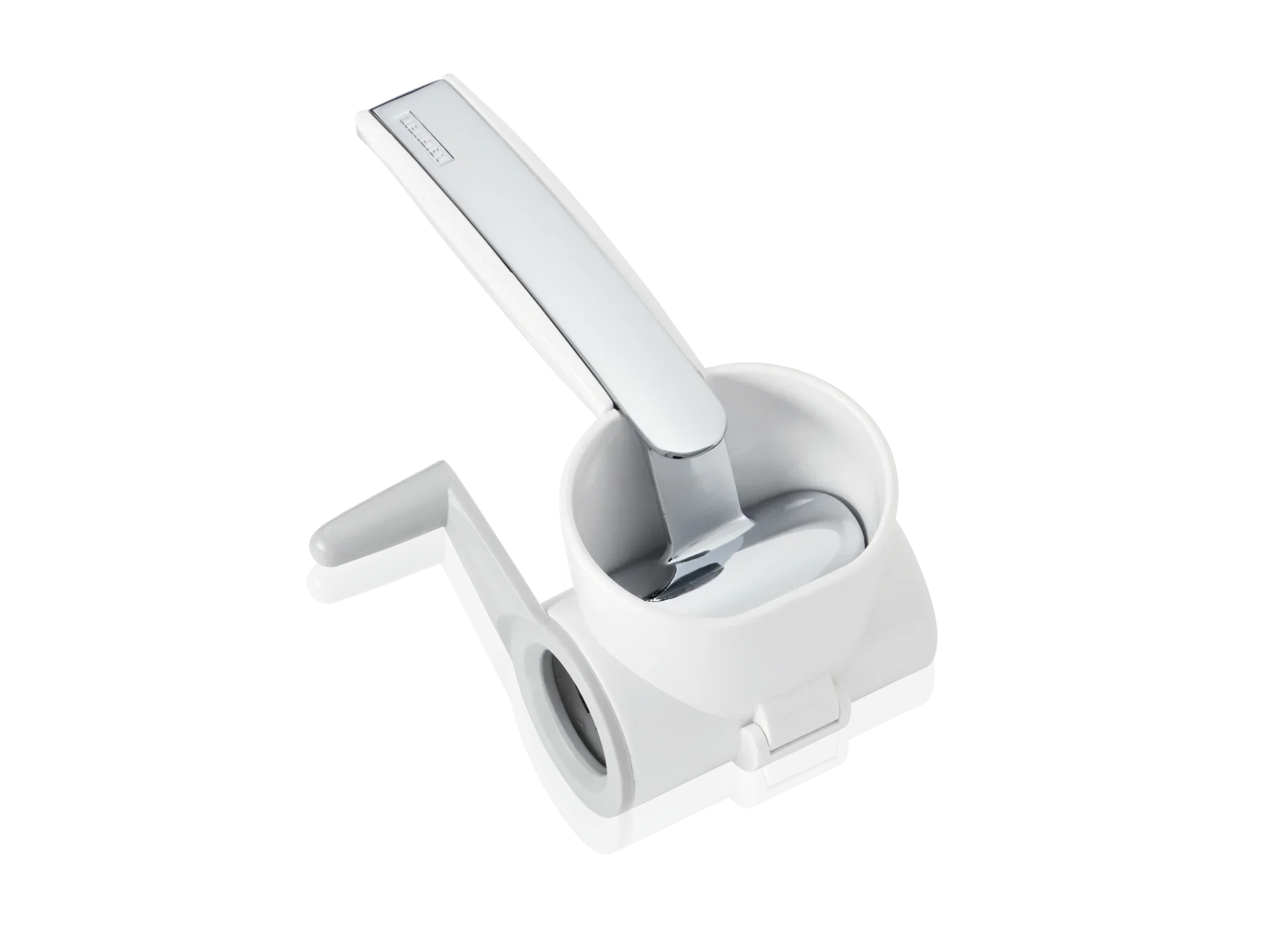 Kunststof kaasrasp met slinger en roestvrijstalen blad. Ideaal voor het raspen van harde kaas. Ergonomisch ontwerp voor eenvoudig hanteren en efficiënt raspen.