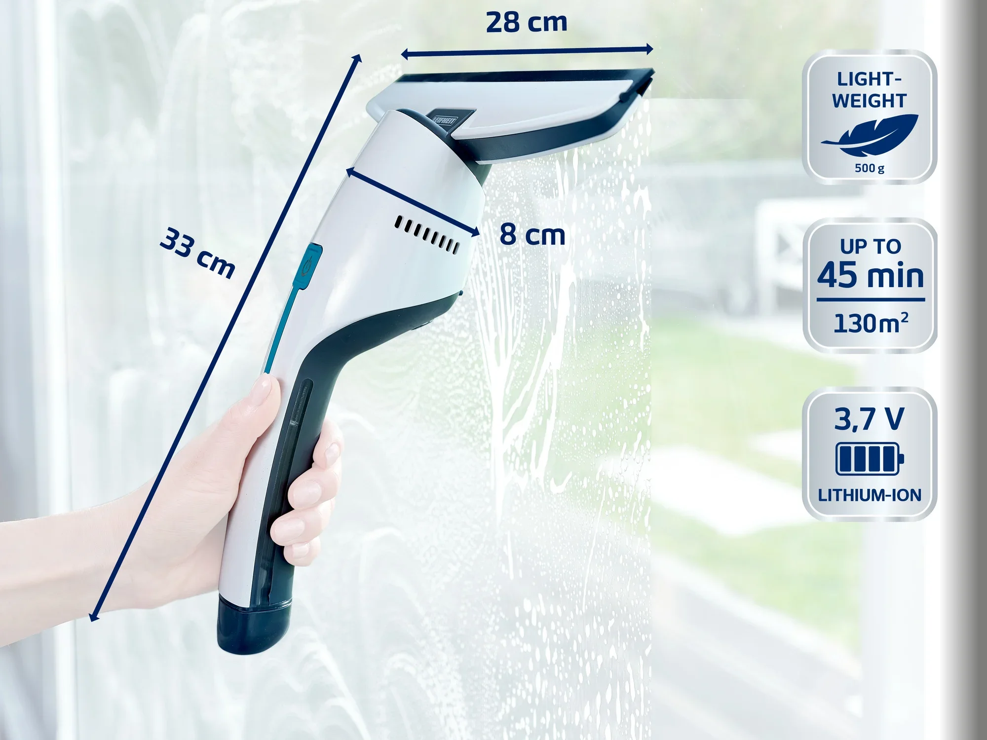 Ein Fensterreiniger mit ergonomischem Design wird von einer Hand gehalten. Das Gerät ist 33 cm hoch, 28 cm breit und 8 cm tief. Es ist leicht, hat eine Laufzeit von bis zu 45 Minuten und wird von einem 3,7 V Lithium-Ionen-Akku betrieben.