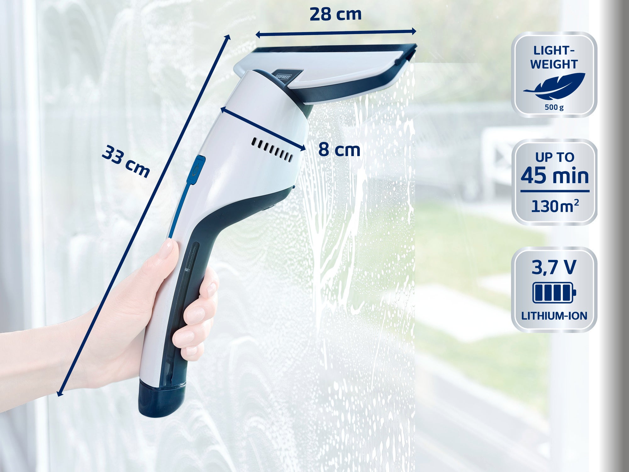 Un pulitore per finestre dal design ergonomico può essere tenuto con una sola mano. Il dispositivo è alto 33 cm, largo 28 cm e profondo 8 cm. È leggero, ha un'autonomia fino a 45 minuti ed è alimentato da una batteria agli ioni di litio da 3,7 V.