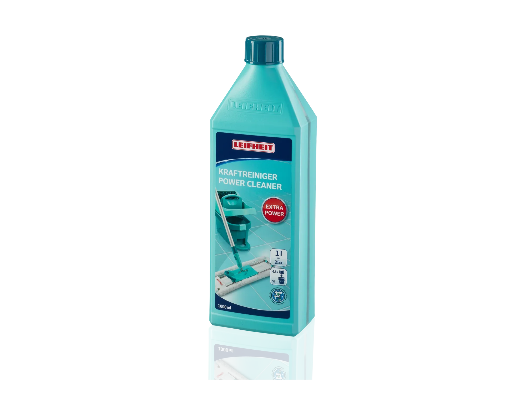 Flasche des Leifheit Kraftreinigers mit 1000 ml Inhalt. Die türkisfarbene Verpackung zeigt ein Bild eines Reinigers und hebt die extra Reinigungskraft hervor. Ideal für gründliche Sauberkeit.