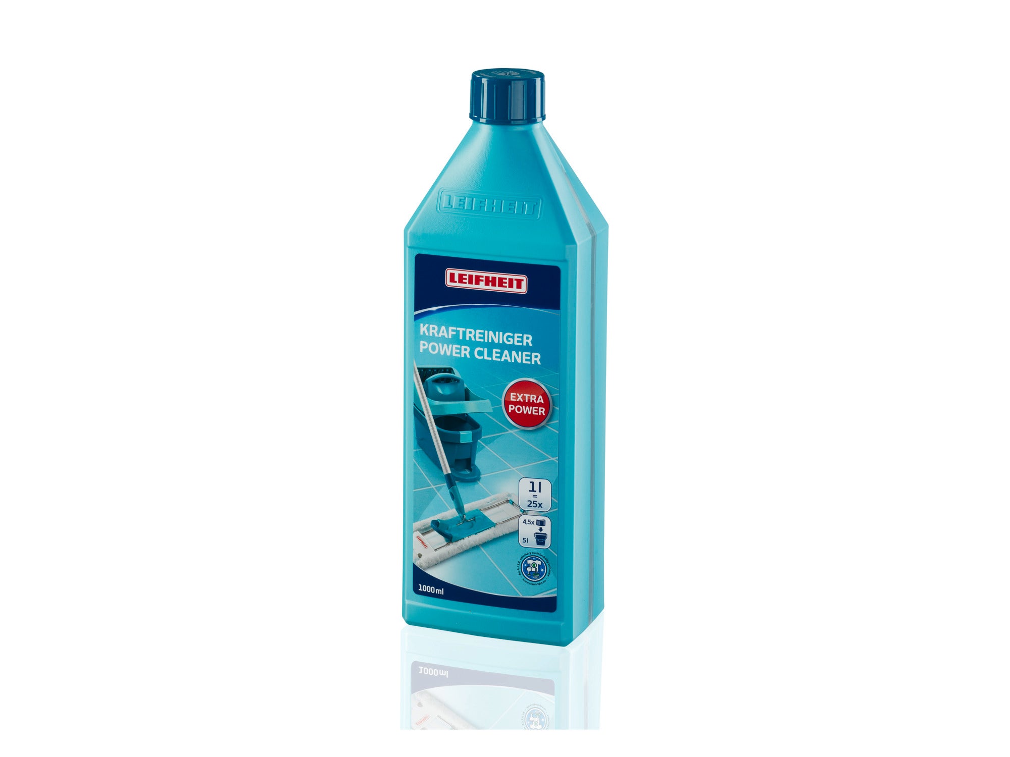 Flasche des Leifheit Kraftreinigers mit 1000 ml Inhalt. Die türkisfarbene Verpackung zeigt ein Bild eines Reinigers und hebt die extra Reinigungskraft hervor. Ideal für gründliche Sauberkeit.