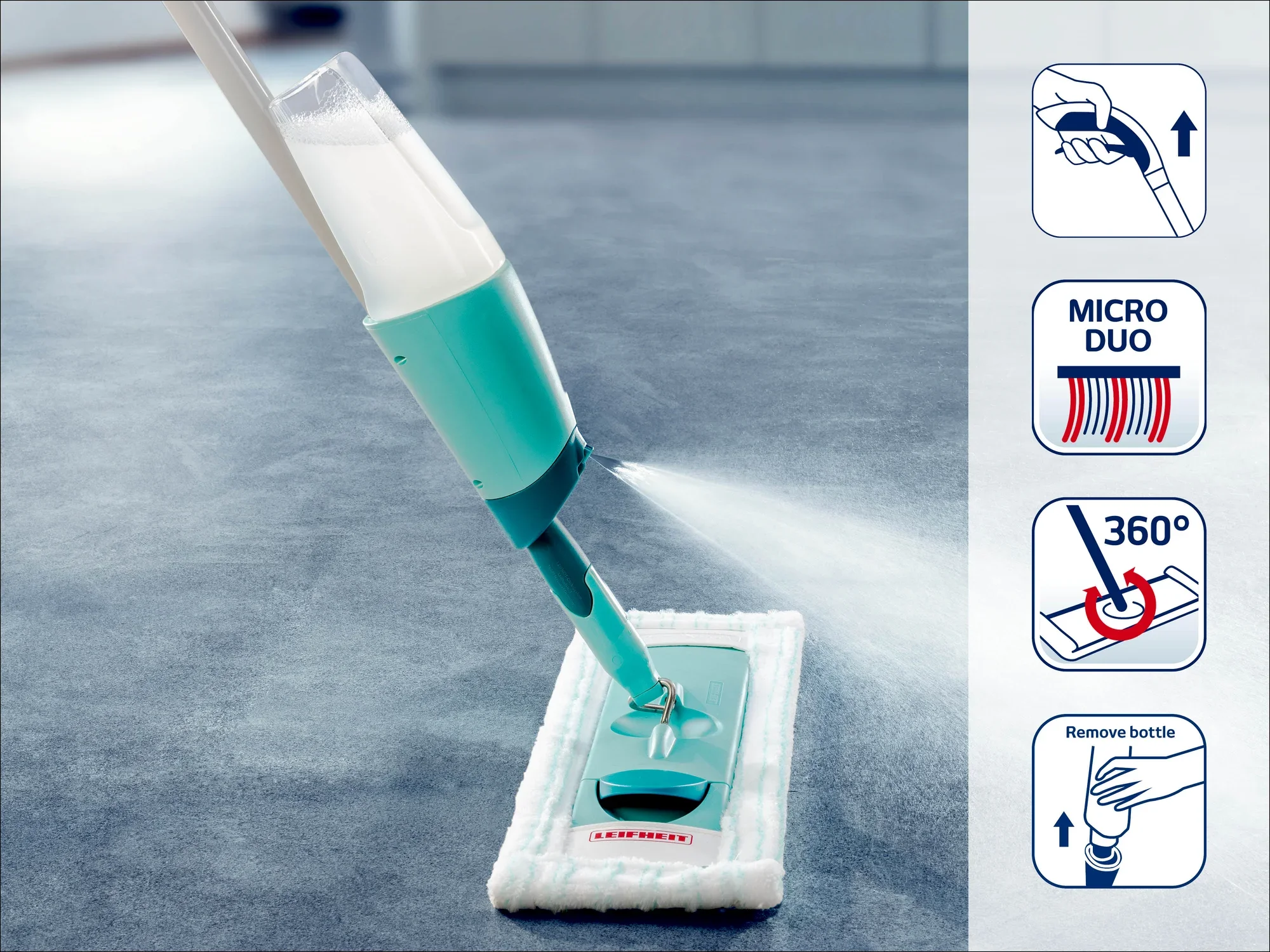 Ein Leifheit Spray Mop mit integriertem Sprühsystem reinigt effektiv Böden. Der Wischkopf ist mit einem Micro Duo Bezug ausgestattet, ideal für gründliche Sauberkeit.