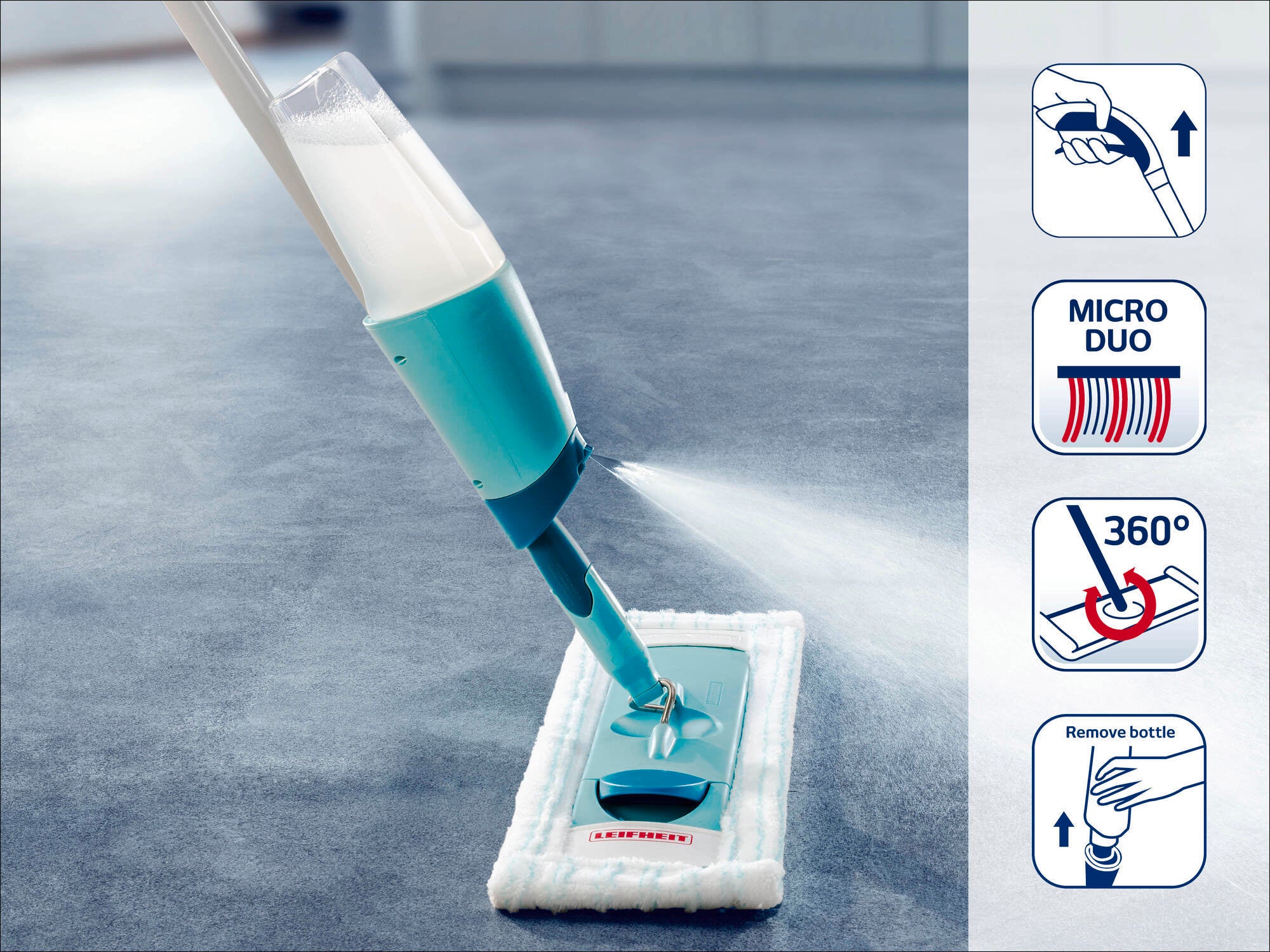 Ein Leifheit Spray Mop mit integriertem Sprühsystem reinigt effektiv Böden. Der Wischkopf ist mit einem Micro Duo Bezug ausgestattet, ideal für gründliche Sauberkeit.