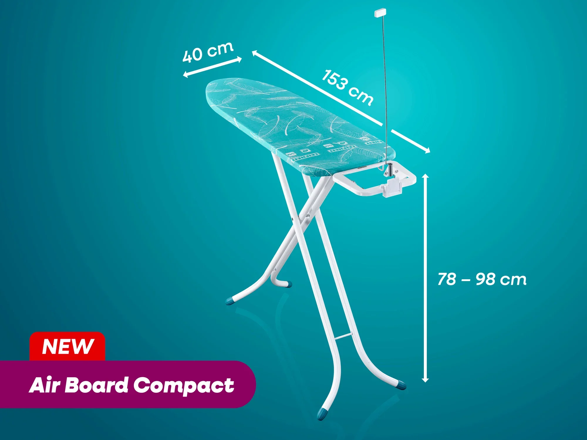 Bügeltisch von Leifheit, Modell Air Board Compact, mit Maßen 153 cm Länge, 40 cm Breite und höhenverstellbar von 78 bis 98 cm. Leichtes Design, ideal für effizientes Bügeln.