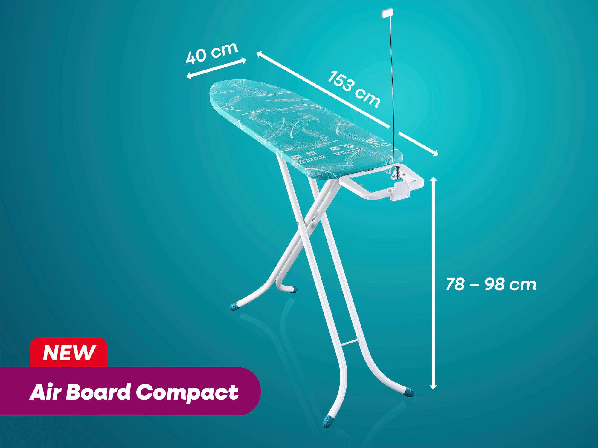 Bügeltisch von Leifheit, Modell Air Board Compact, mit Maßen 153 cm Länge, 40 cm Breite und höhenverstellbar von 78 bis 98 cm. Leichtes Design, ideal für effizientes Bügeln.