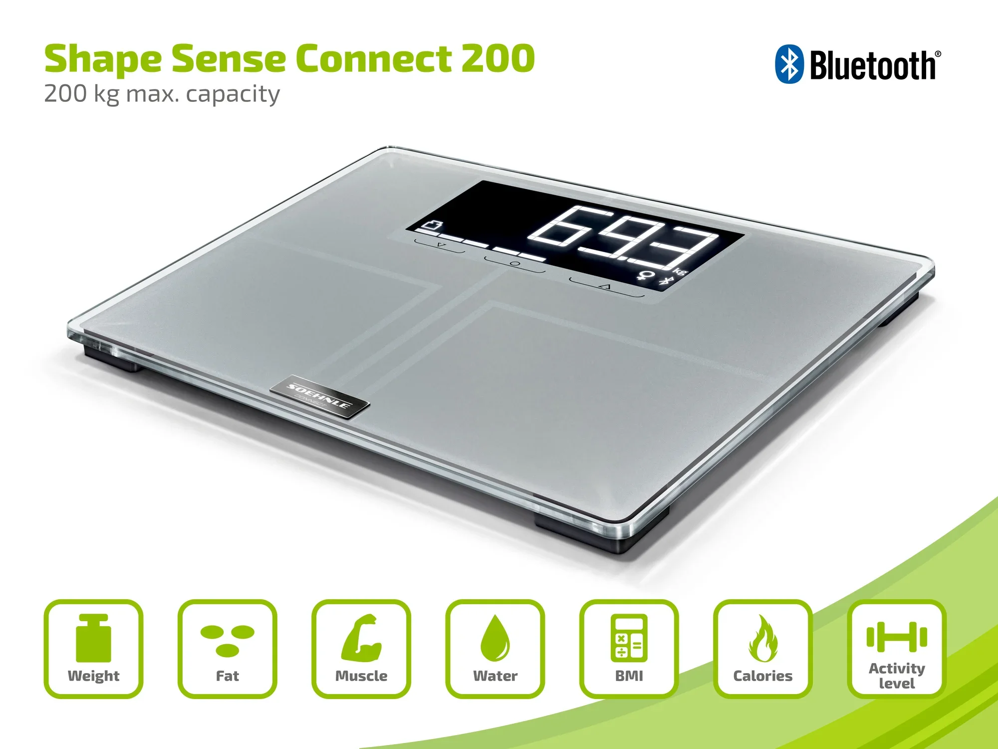 Waga Shape Sense Connect 200 z funkcją Bluetooth. Maksymalny udźwig 200 kg. Wyświetla wagę, tkankę tłuszczową, masę mięśniową, procent wody, BMI, kalorie i poziom aktywności.