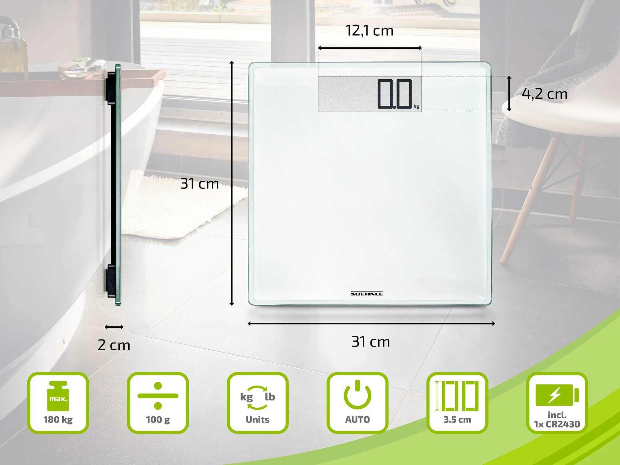 Cyfrowa waga łazienkowa Soehnle o wymiarach 31 x 31 cm. Wyświetla wagę w kg lub funtach, ma nośność 180 kg i dokładność 100 g. Bateria w zestawie.