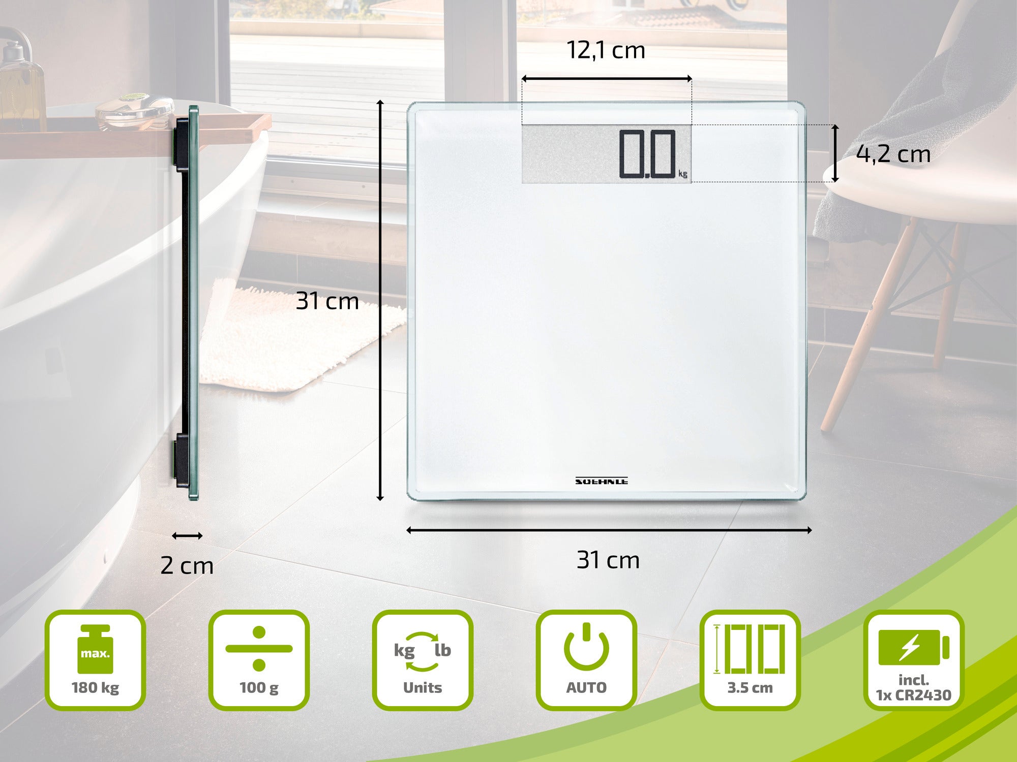Een digitale badkamerweegschaal van Soehnle van 31 x 31 cm. De weegschaal geeft het gewicht weer in kg of lb, heeft een draagvermogen van 180 kg en een nauwkeurigheid van 100 g. Inclusief batterij.