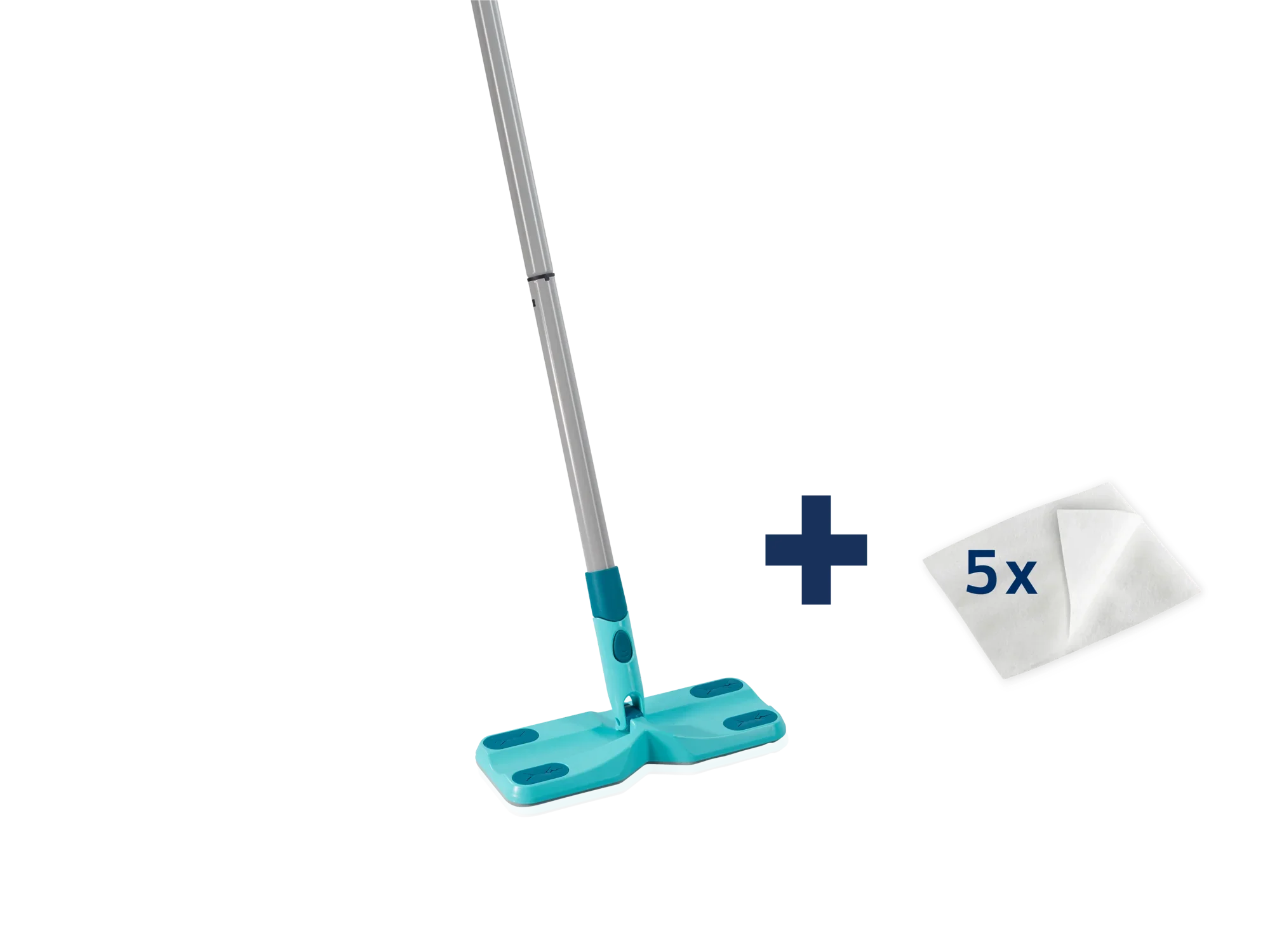 Een set bestaande uit een Clean and Away vloerwisser met een blauwe mopkop en een zilveren steel, aangevuld met vijf witte schoonmaakdoeken. Ideaal voor een grondige vloerreiniging.