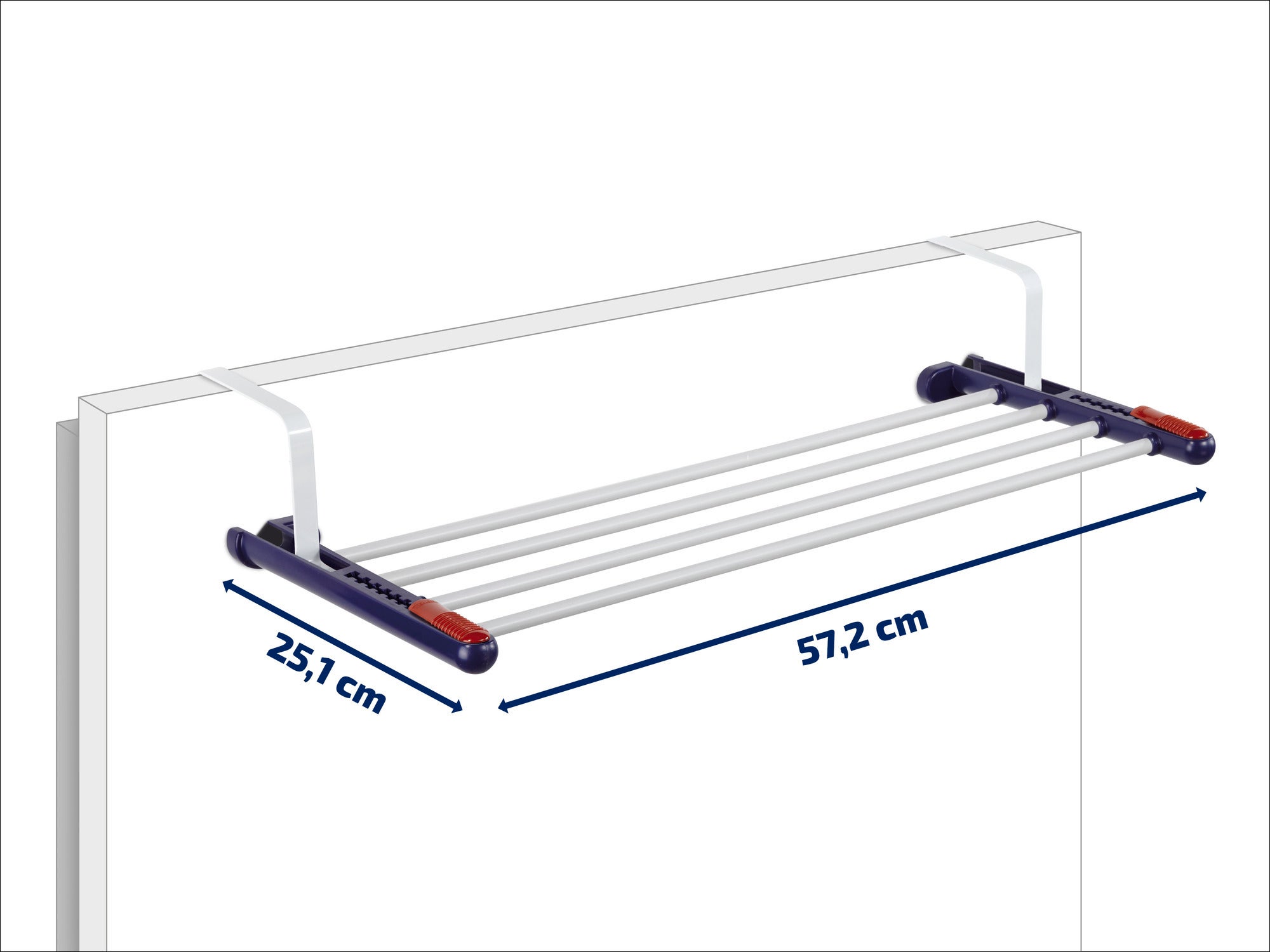 A hanging dryer that can be attached to a door or wall. It is 57.2 cm wide and 25.1 cm deep. Ideal for small spaces.