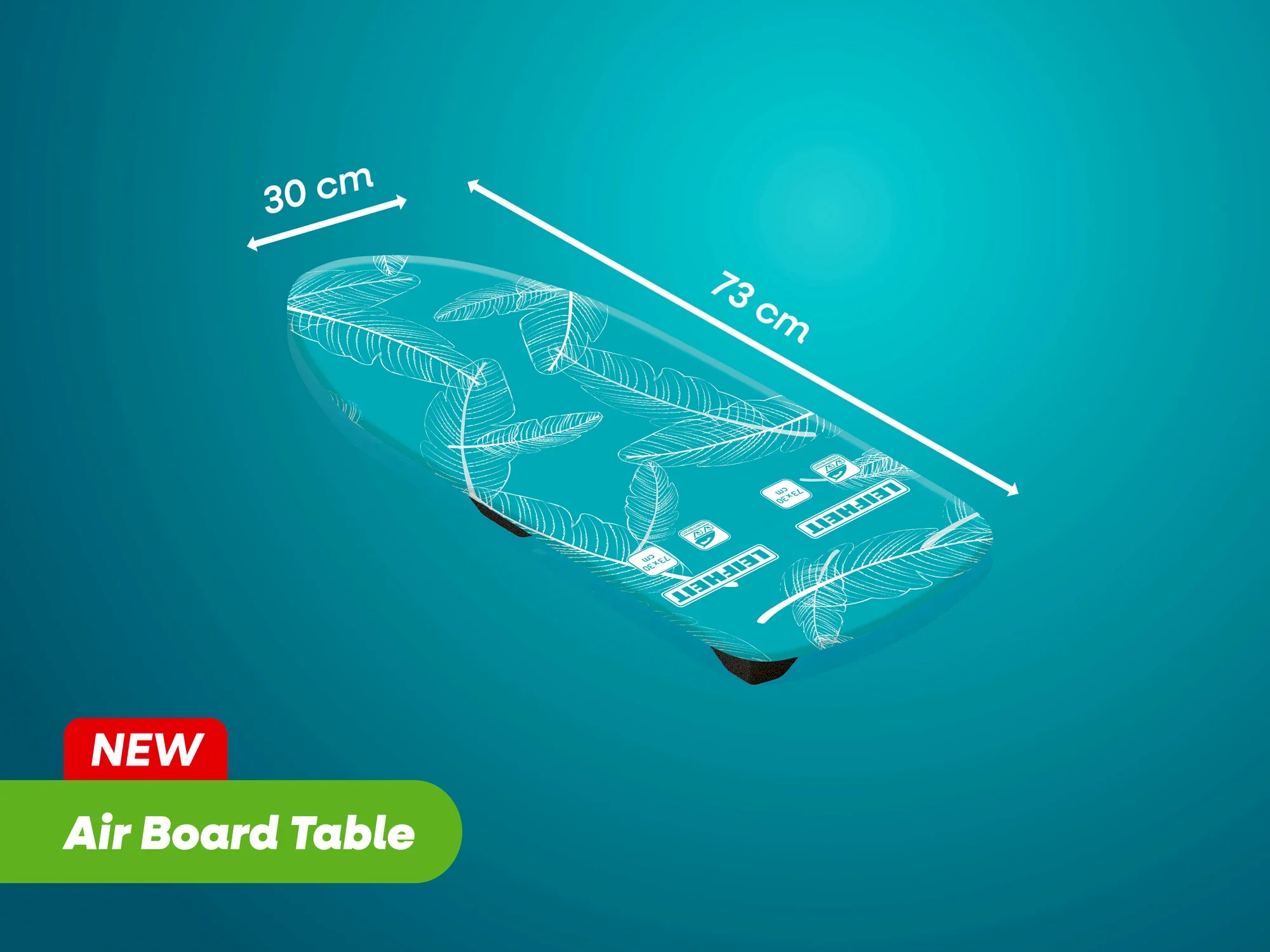 Ein Bügeltisch mit den Maßen 30 cm x 73 cm wird auf einem blauen Hintergrund dargestellt. Der Tisch ist als transparentes Modell mit Beschriftungen und Markierungen zu sehen. Ein grünes Label zeigt den Namen "Air Board Table".