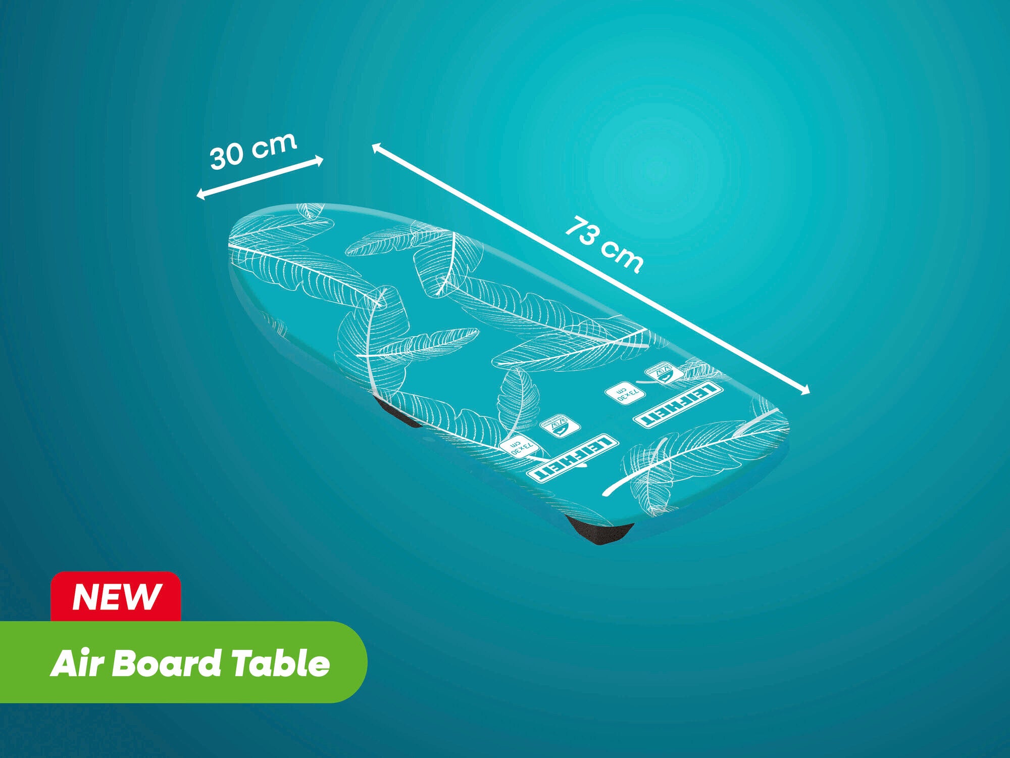 Ein Bügeltisch mit den Maßen 30 cm x 73 cm wird auf einem blauen Hintergrund dargestellt. Der Tisch ist als transparentes Modell mit Beschriftungen und Markierungen zu sehen. Ein grünes Label zeigt den Namen "Air Board Table".