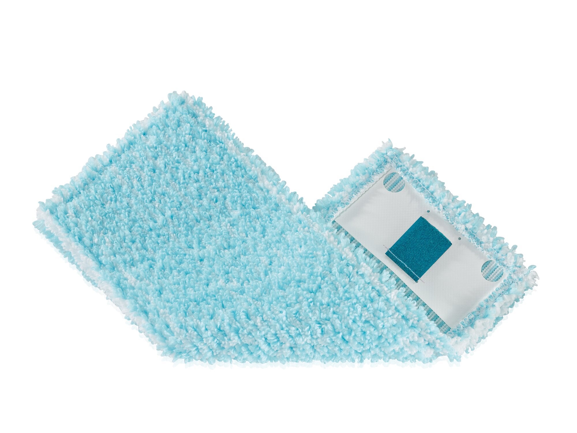 Leifheit Ersatzbezug CLEAN TWIST M super soft in Hellblau, flauschiger Wischbezug für Bodenwischer mit rechteckiger Trägerplatte, freigestellt vor weißem Hintergrund.