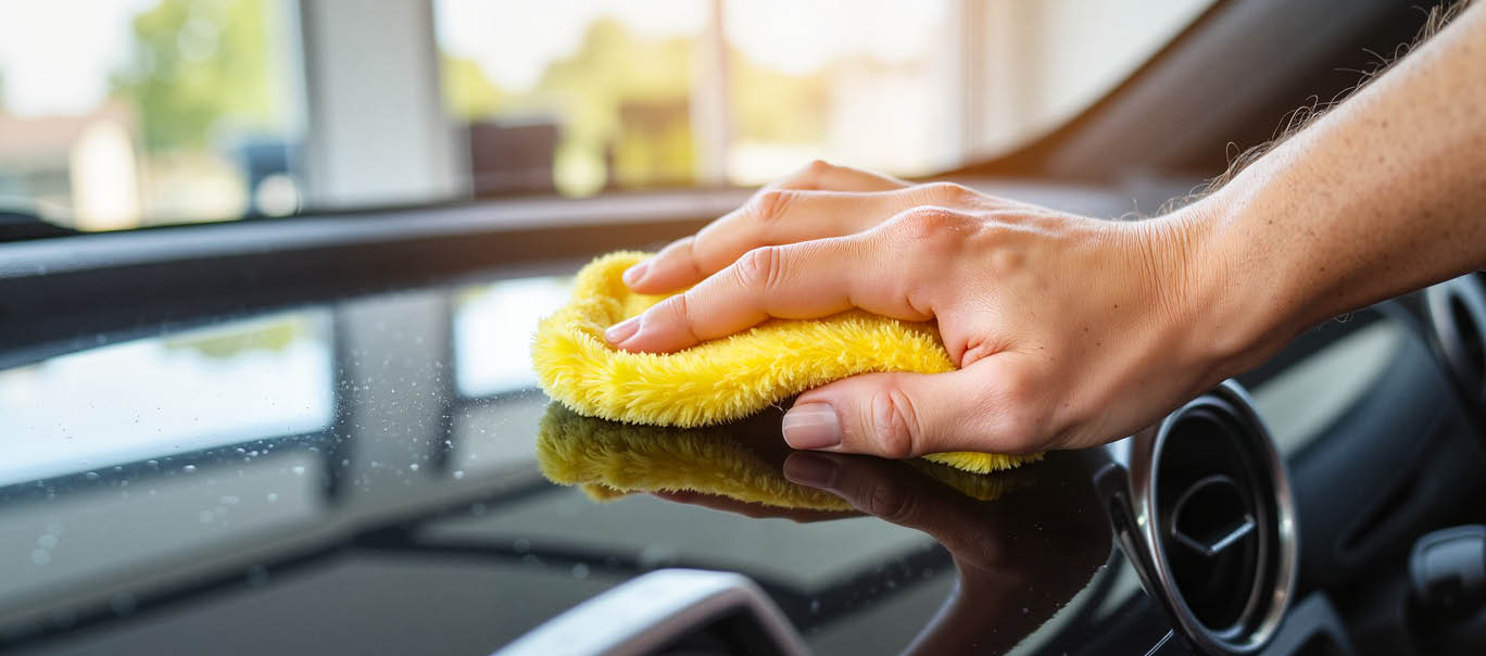 Auto entstauben: So geht es einfach Eine Hand reinigt das Armaturenbrett eines Autos mit einem gelben Tuch