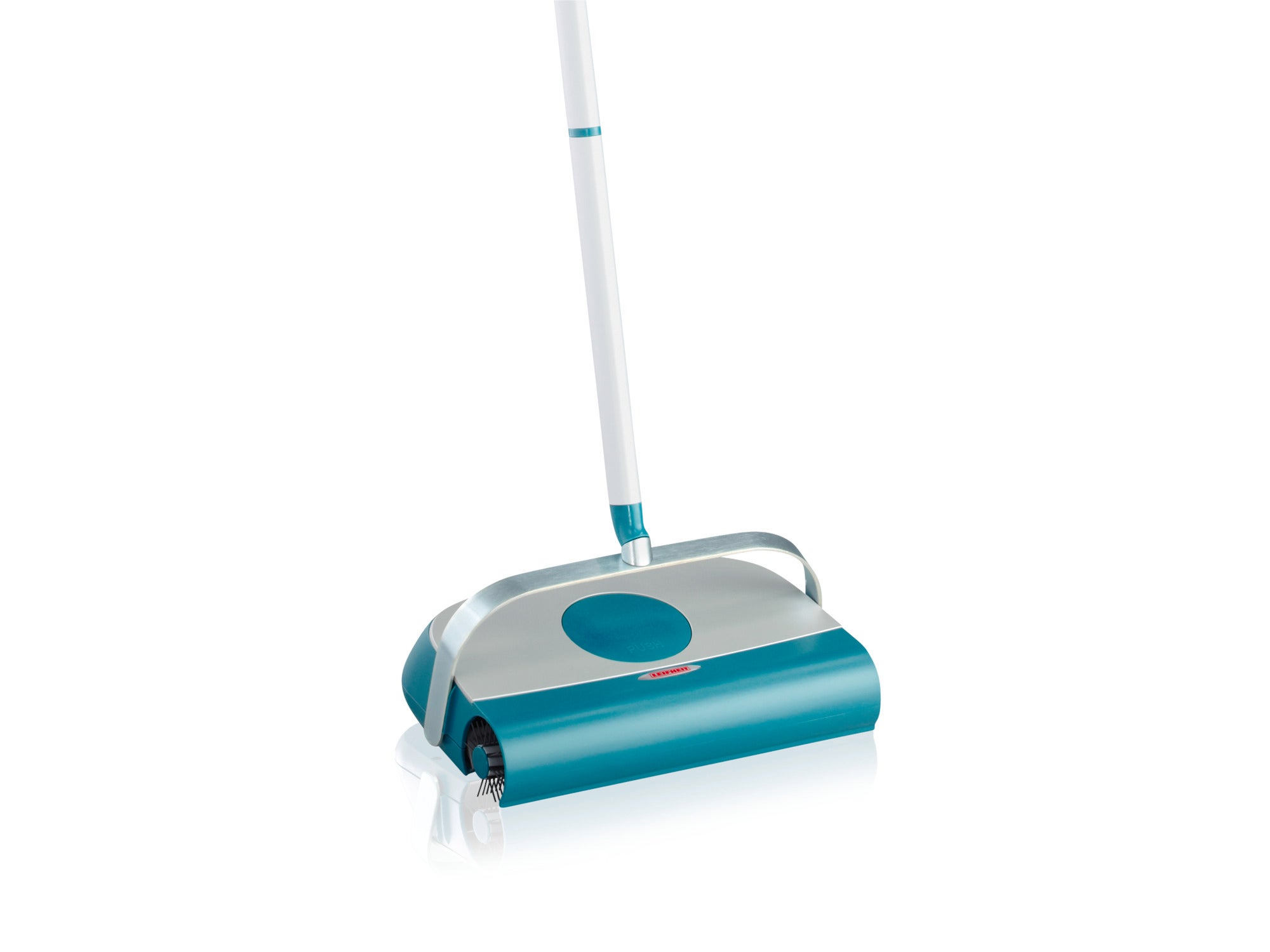 Una escoba turquesa Regulus Supra con mango ergonómico y diseño compacto. Ideal para limpiar rápidamente suelos sin necesidad de electricidad.