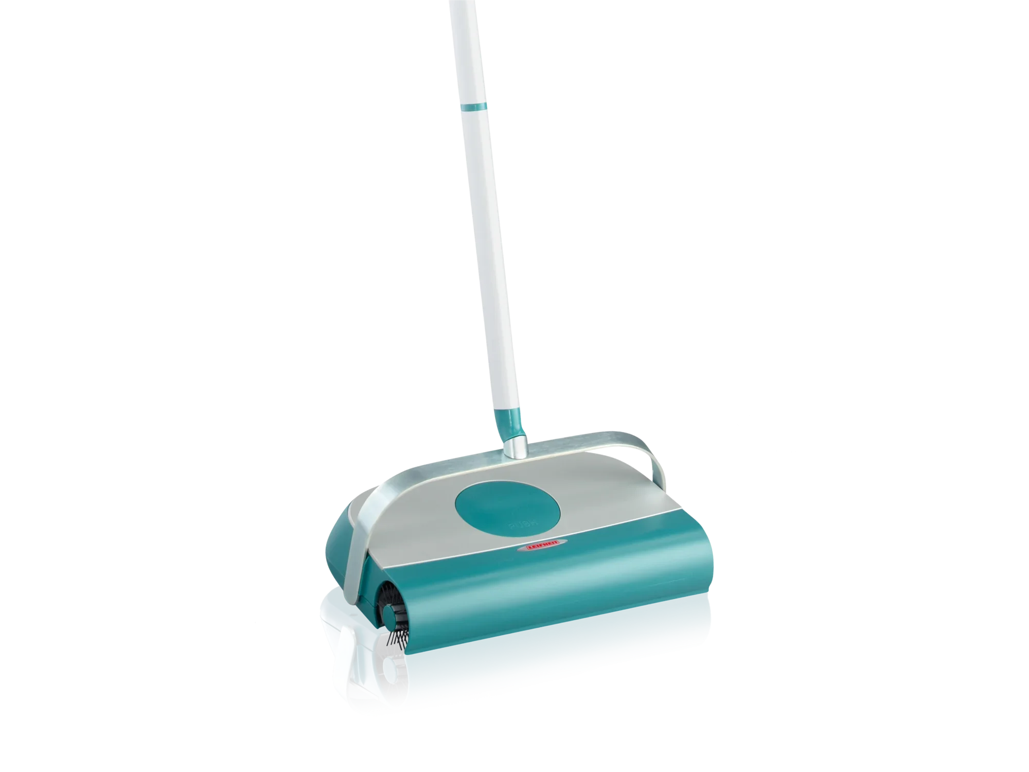 Turkusowa zamiatarka Regulus Supra z ergonomicznym uchwytem i kompaktową konstrukcją. Idealna do szybkiego czyszczenia podłóg bez użycia prądu.