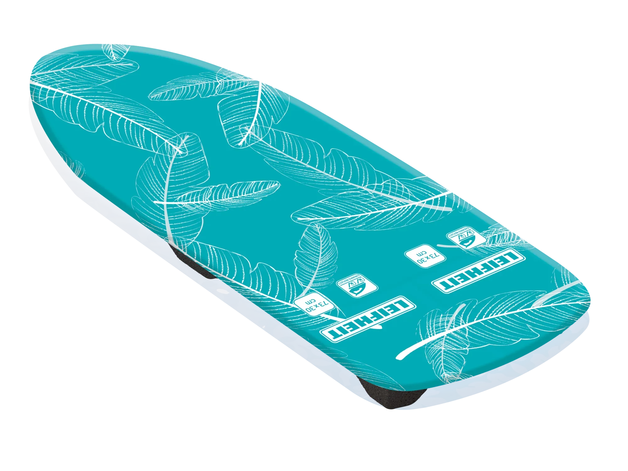 Vervangende hoes voor de AirBoard Thermo Reflect Tafel. De hoes is turquoise met witte veermotieven en logo's. Ideaal om efficiënt te strijken dankzij het reflecterende oppervlak.