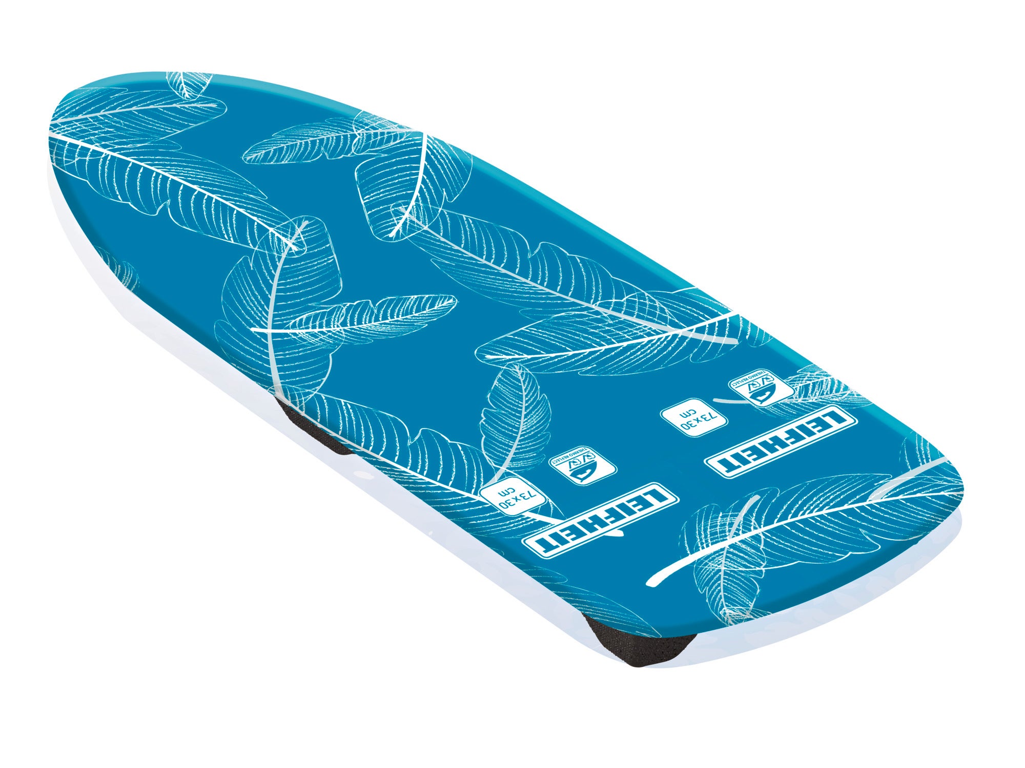 Ersatzbezug für das AirBoard Thermo Reflect Table. Der Bezug ist türkis mit weißen Federdesigns und Logos. Ideal für effizientes Bügeln durch reflektierende Oberfläche.