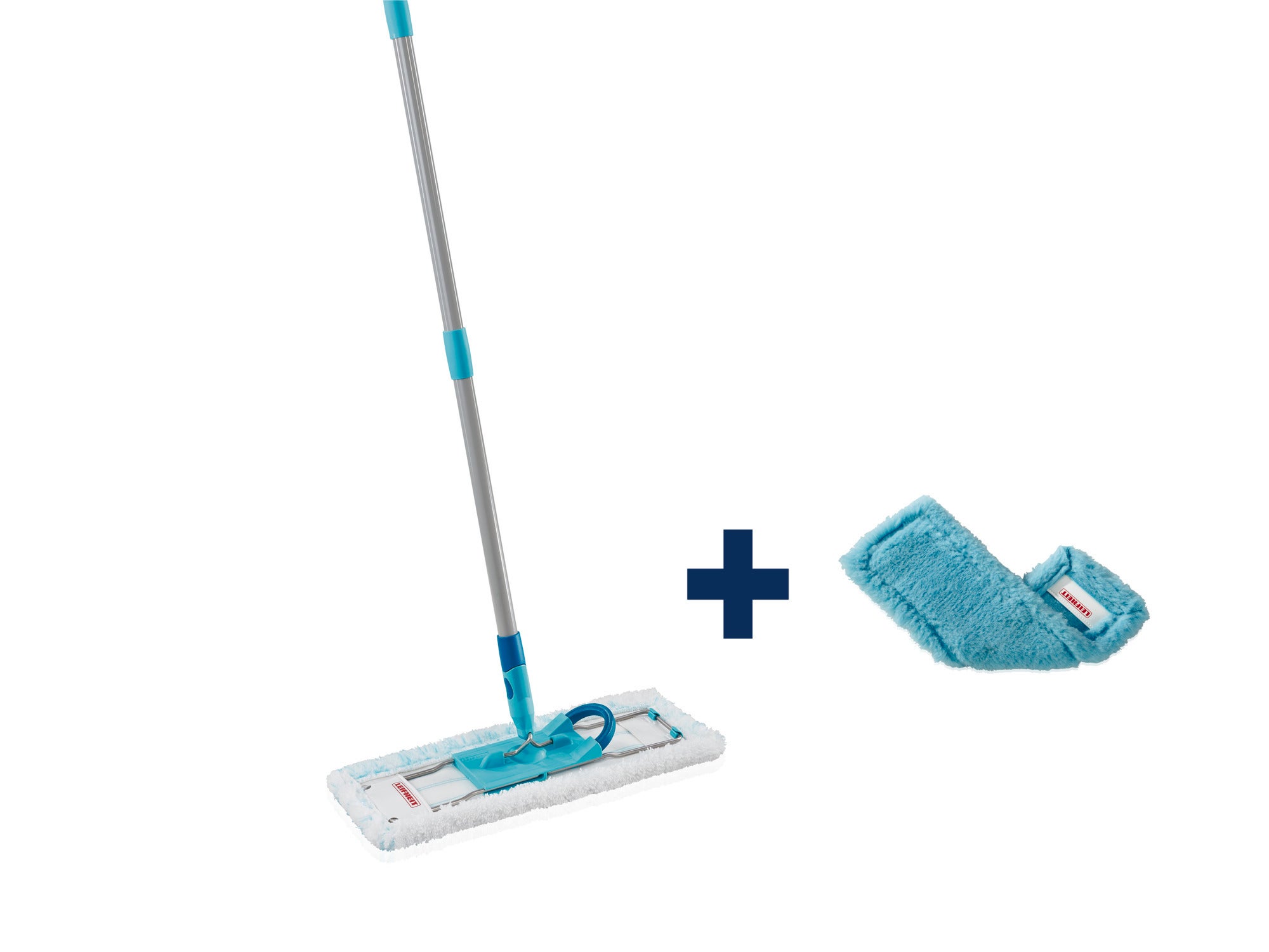 Bodenwischer Profi XL micro duo mit zusätzlichem static plus Bezug. Ideal für die gründliche Reinigung von Böden. Der Wischer ist in Blau und Weiß gehalten.