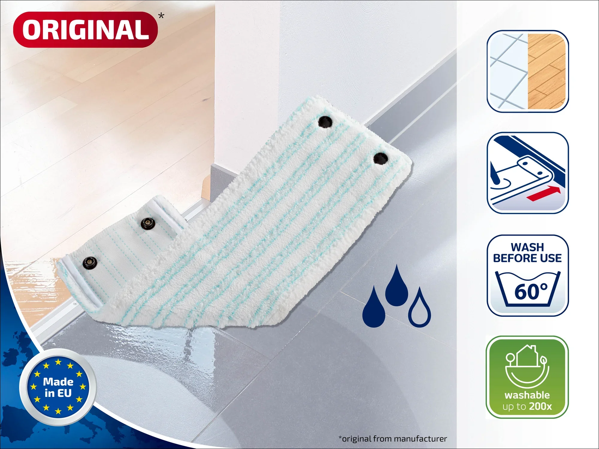 Original replacement cover for floor mops, suitable for cleaning hard floors. Washable up to 60°C and reusable up to 200 times. Made in the EU.
