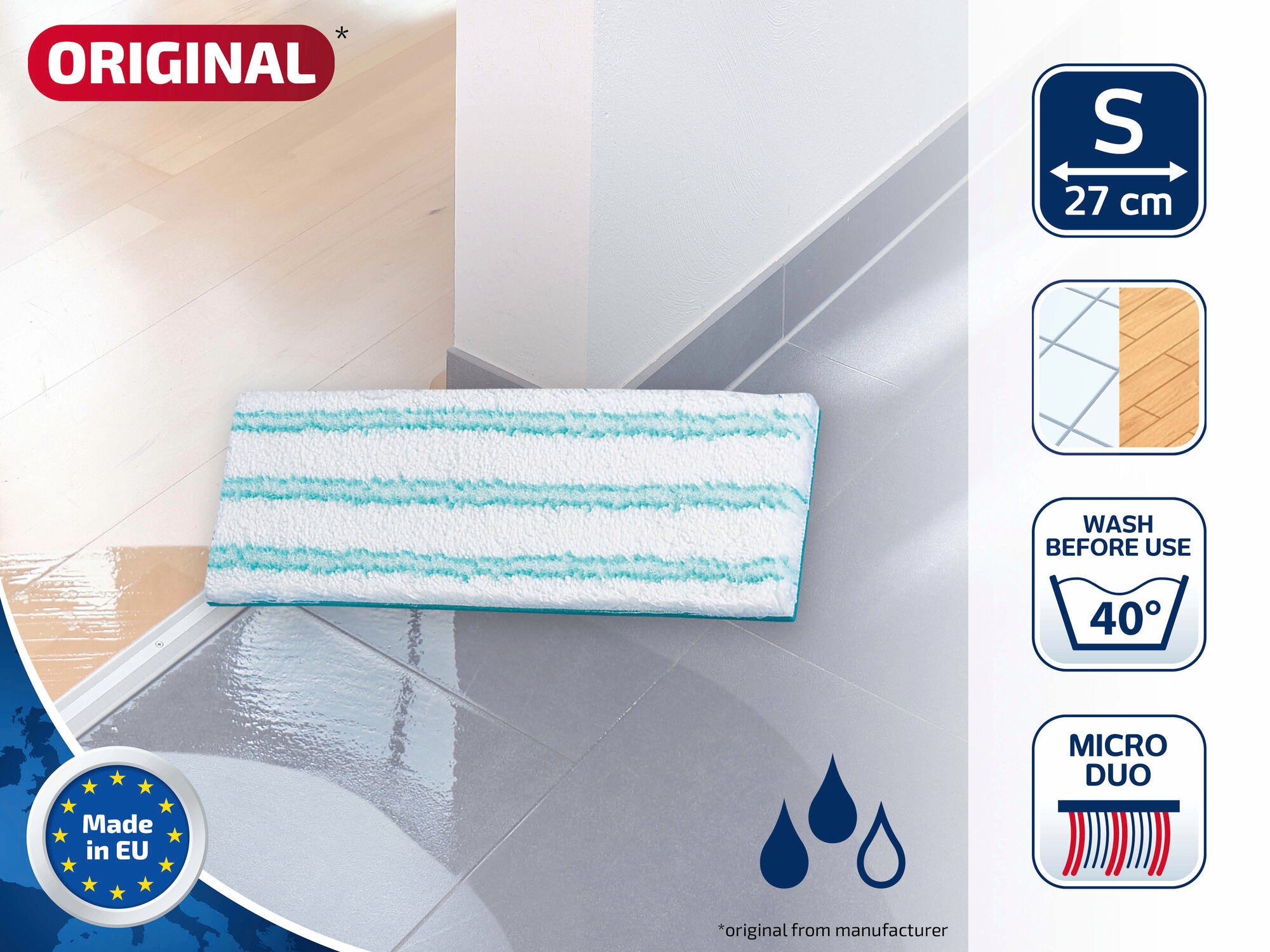 Wischpad Picobello S micro duo von Leifheit, geeignet für Lavapavimenti. Das Pad ist 27 cm breit und waschbar bei 40 Grad. Ideal für die effiziente Reinigung von Böden.