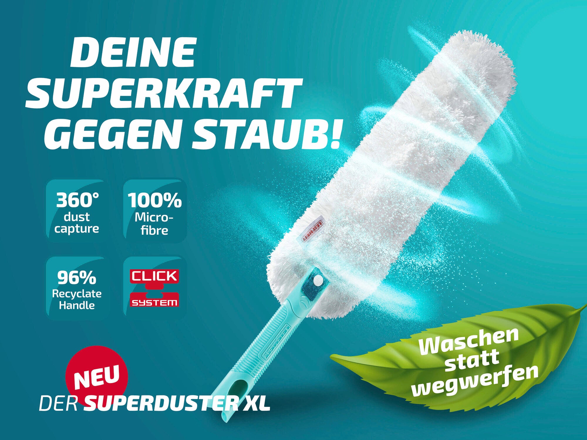 Der Leifheit Superduster XL ist ein Staubwedel mit 360° Staubaufnahme und 100% Mikrofaser. Er verfügt über einen Griff aus 96% recyceltem Material und ist waschbar.