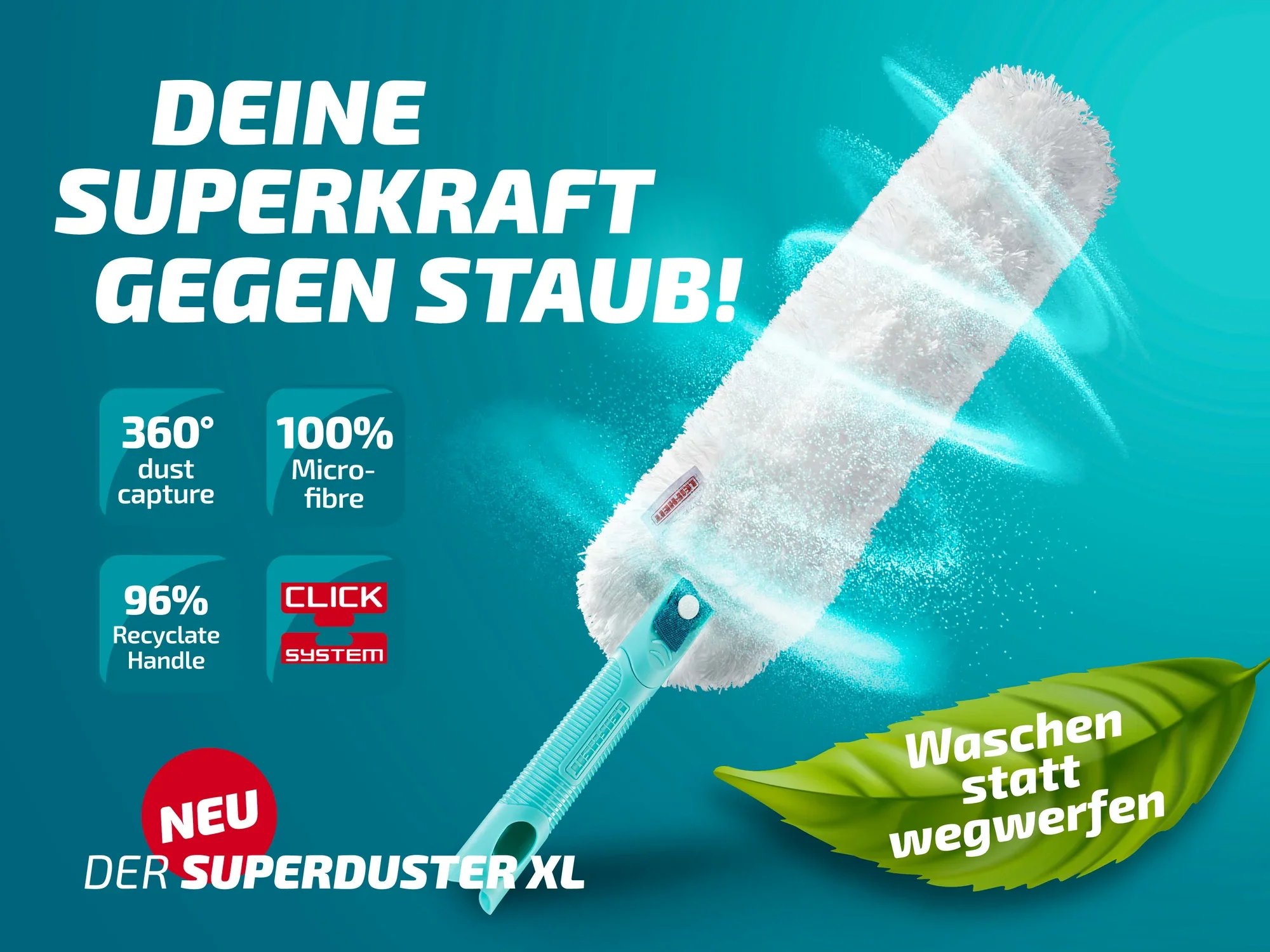 Der Leifheit Superduster XL ist ein Staubwedel mit 360° Staubaufnahme und 100% Mikrofaser. Er verfügt über einen Griff aus 96% recyceltem Material und ist waschbar.