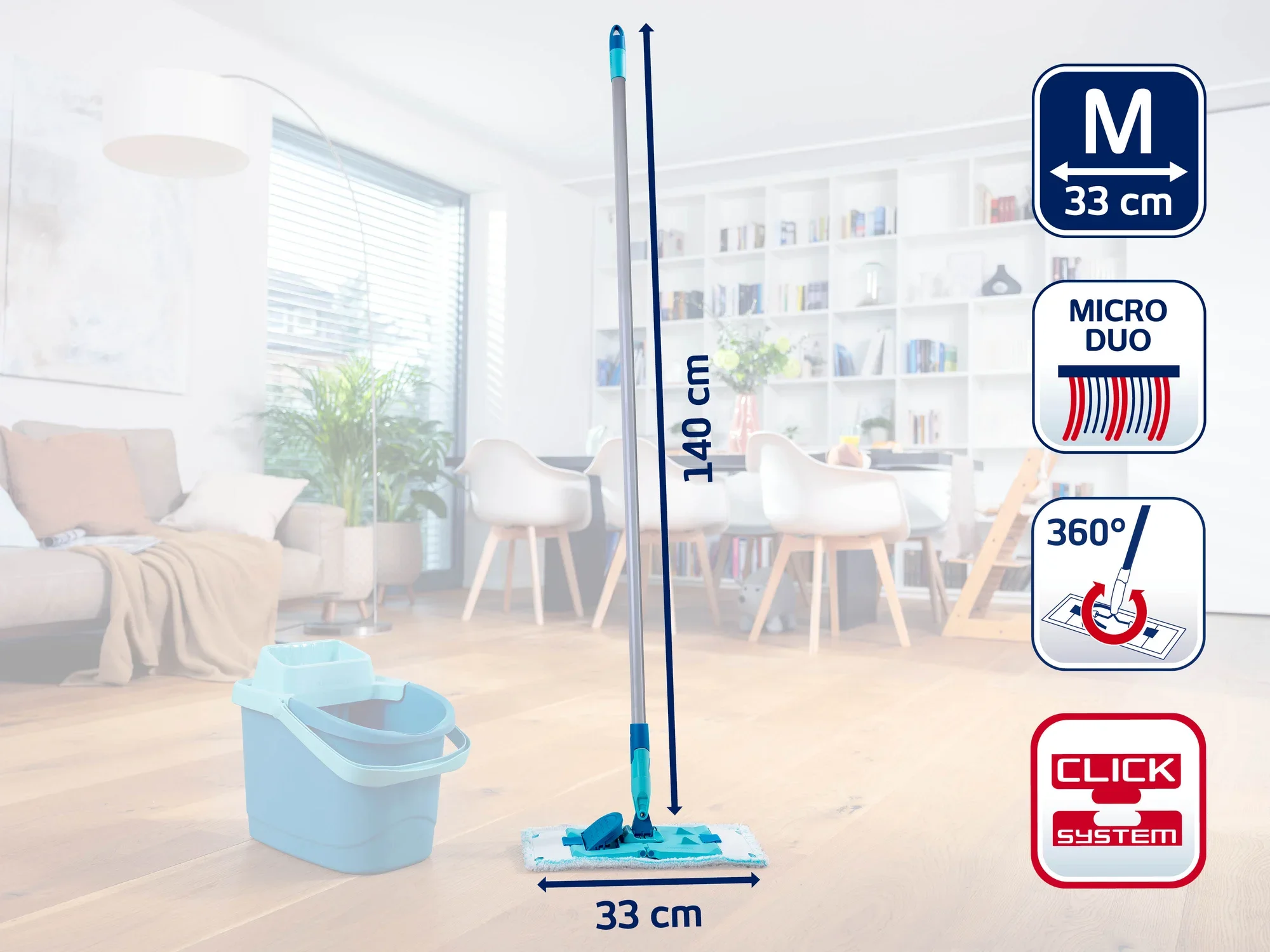 Ein moderner Wischmopp mit einem 140 cm langen Stiel und einem 33 cm breiten Wischkopf. Enthält ein Eimer-Set und ein 360-Grad-Drehgelenk für effiziente Reinigung. Ideal für den Einsatz in Wohnräumen.