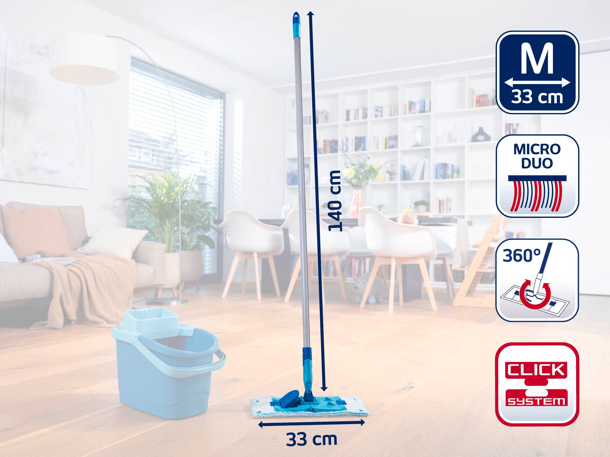 Nowoczesny mop z uchwytem o długości 140 cm i głowicą o szerokości 33 cm. W zestawie wiadro i przegub obrotowy 360 stopni do efektywnego czyszczenia. Idealny do użytku w pomieszczeniach mieszkalnych.