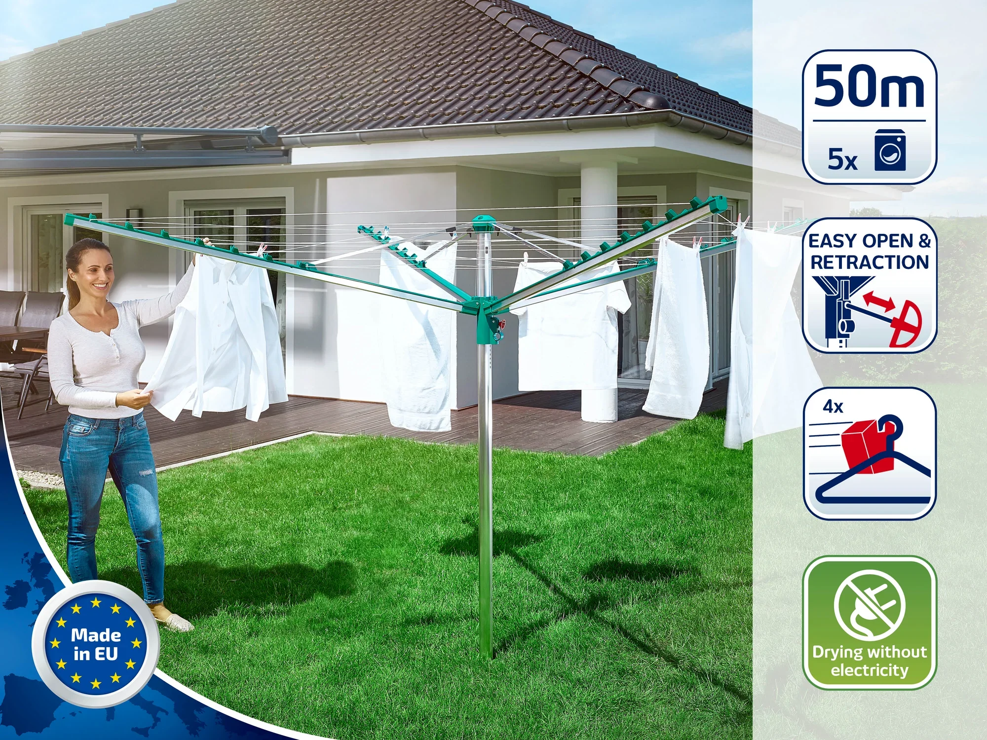 Une femme se tient dans le jardin à côté d'un séchoir à linge recouvert de linge blanc. Le séchoir à linge offre 50 mètres de longueur de corde et est facile à ouvrir et à fermer.