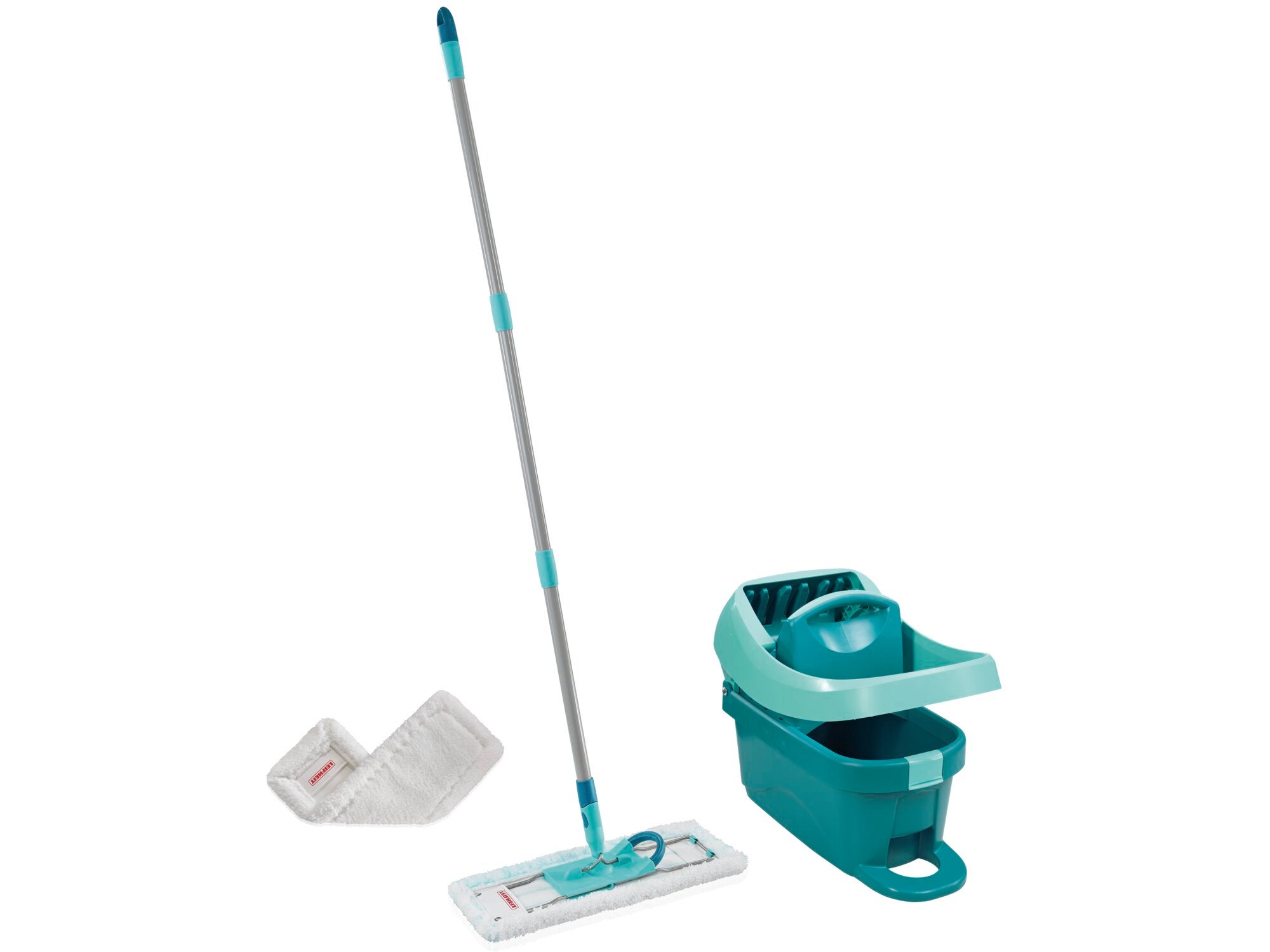 Een Profi XL mop-persset met stofhoes. Bevat een mop met lange steel en een emmer met pers. Ideaal voor een efficiënte vloerreiniging.