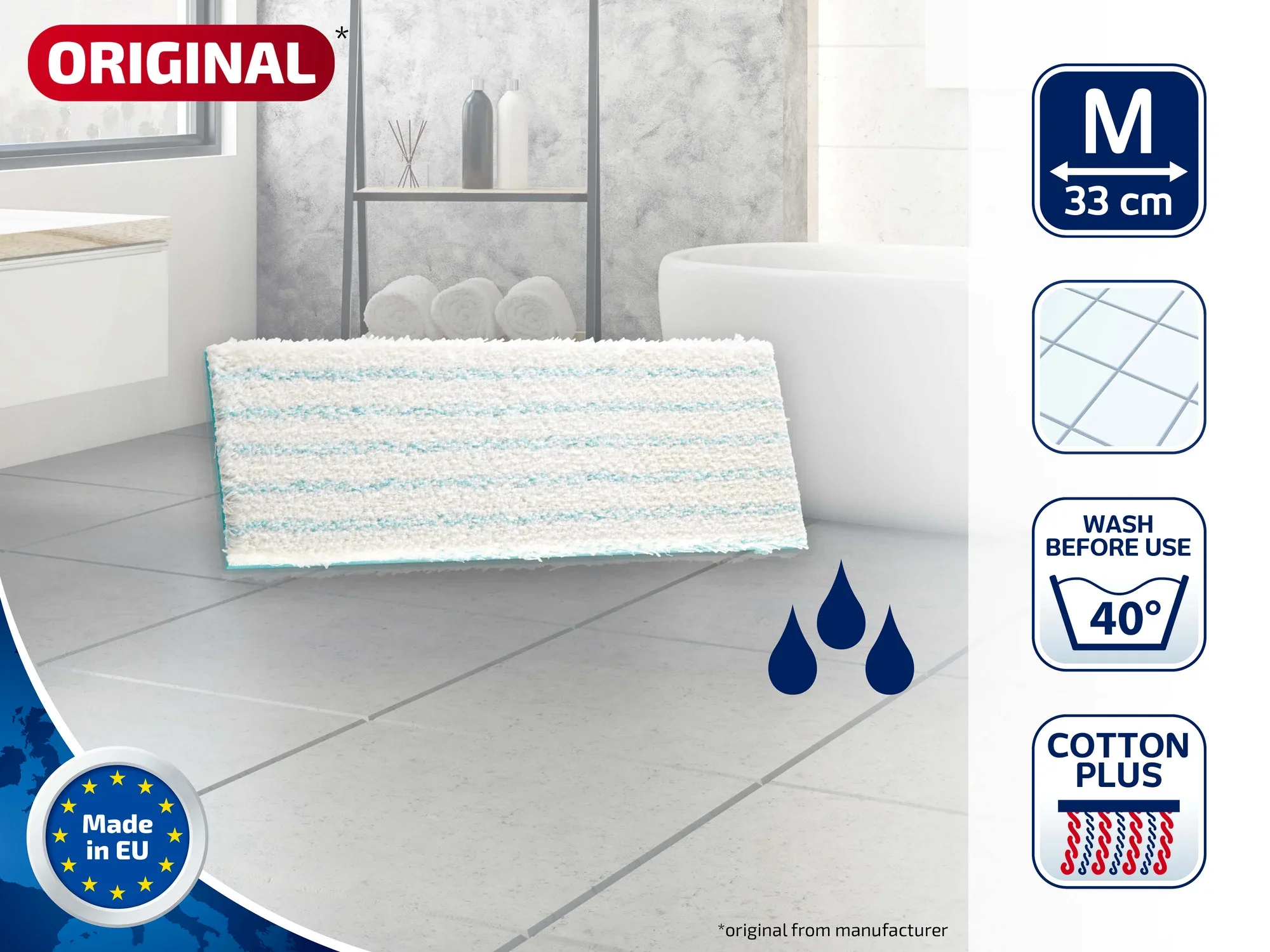 Wischpad Picobello M cotton plus von Leifheit, geeignet für Lavapavimenti. Weiß-blau gestreift, 33 cm groß. Waschbar bei 40 Grad. Hergestellt in der EU. Ideal für gründliche Reinigung.