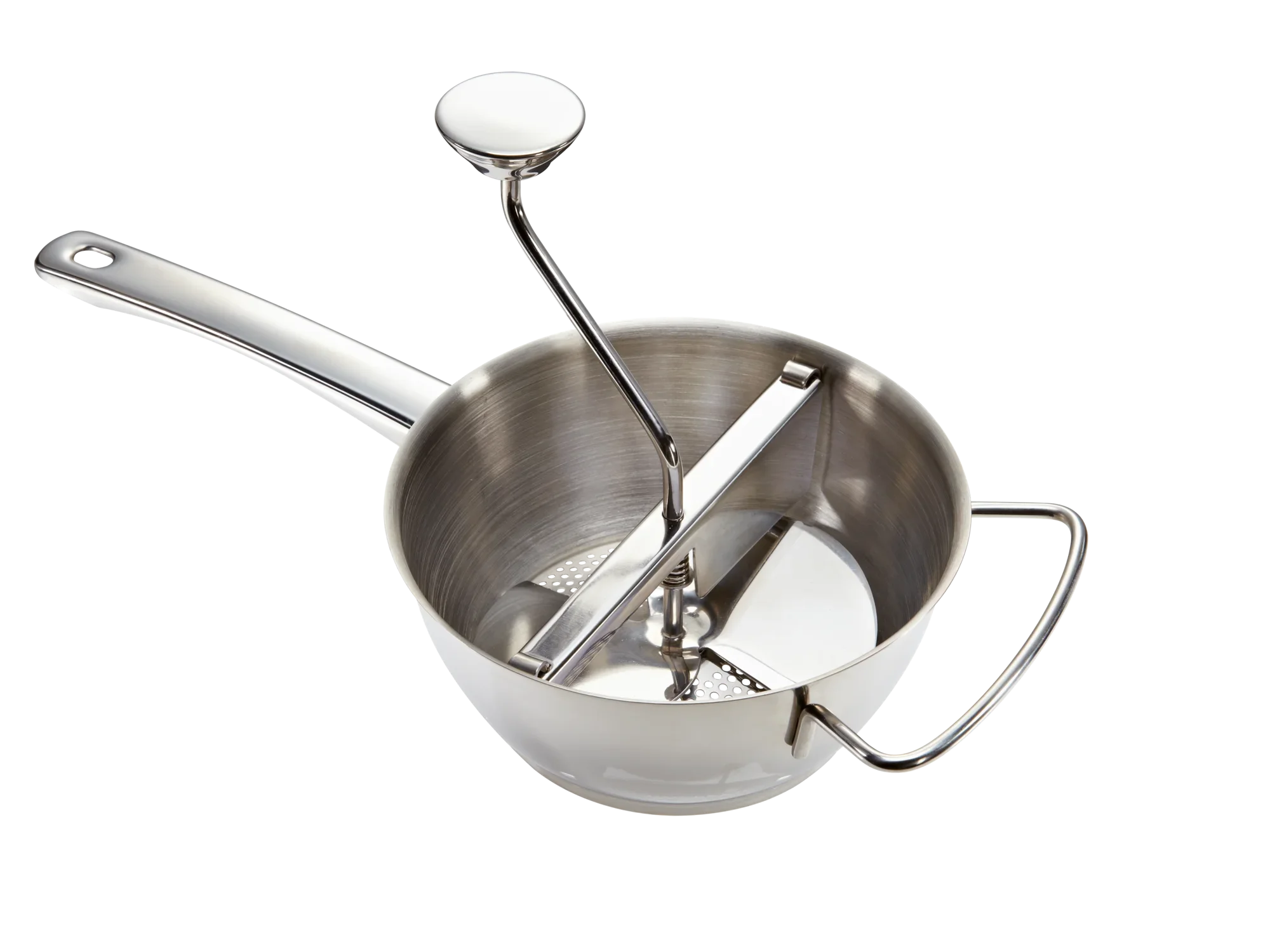 Roestvrijstalen stamper met ergonomisch handvat en stevige zwengel. Ideaal voor het zeven van fruit en groenten. Perfect voor het bereiden van soepen en sauzen.