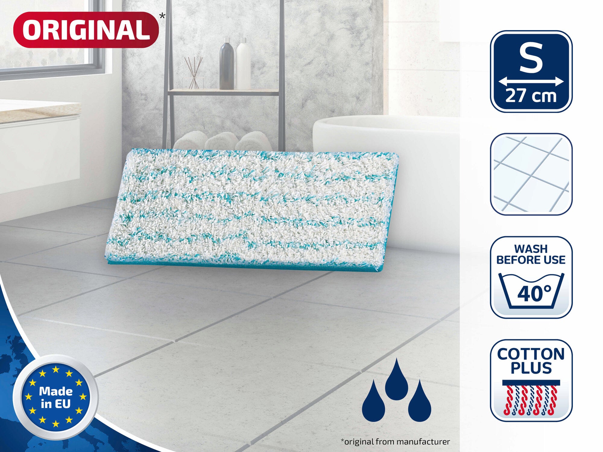 Wischpad Picobello S cotton plus von Leifheit, geeignet für Böden, 27 cm breit. Waschbar bei 40 Grad. Hergestellt in der EU. Ideal für effektive Reinigungsergebnisse.