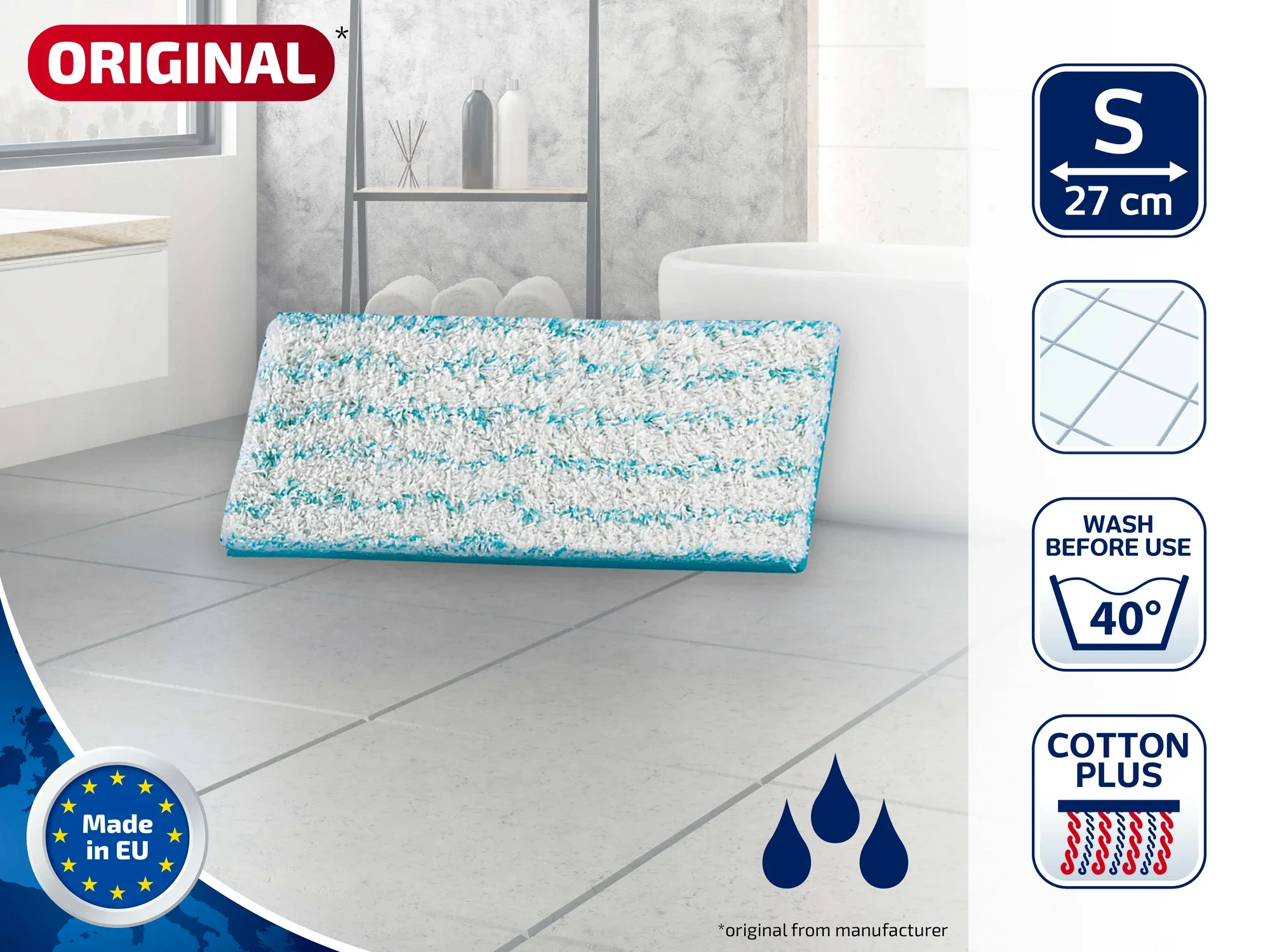 Wischpad Picobello S cotton plus von Leifheit, geeignet für Böden, 27 cm breit. Waschbar bei 40 Grad. Hergestellt in der EU. Ideal für effektive Reinigungsergebnisse.