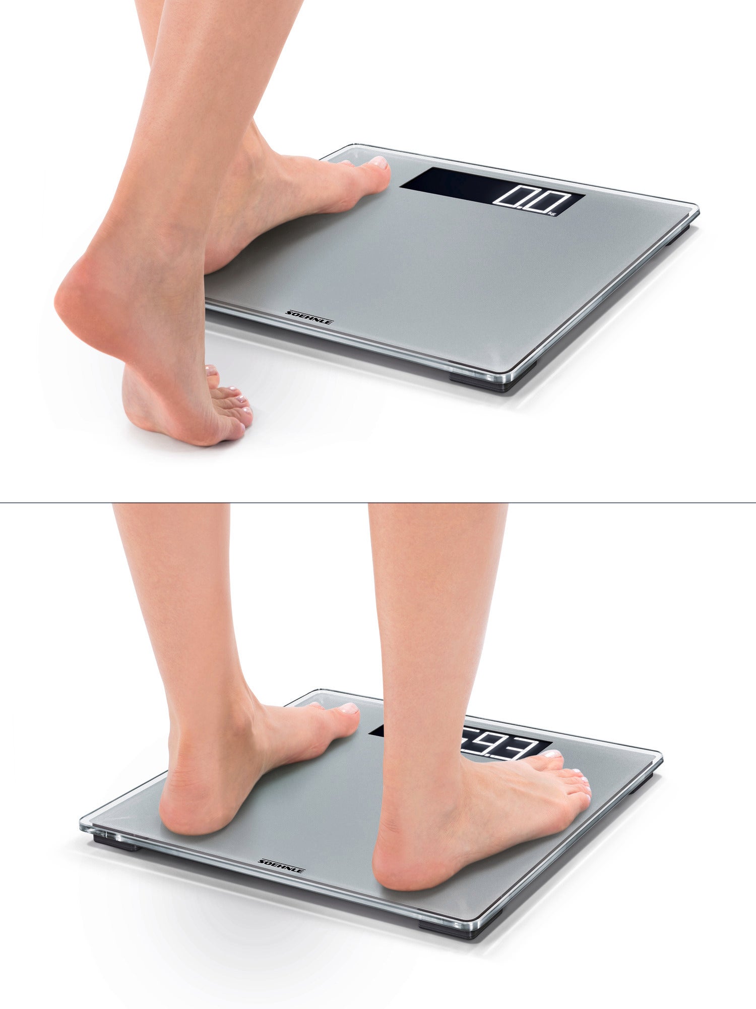 A person is standing on the Style Sense Comfort 600 digital bathroom scale. The scale has a modern design with a clear display that shows the weight.