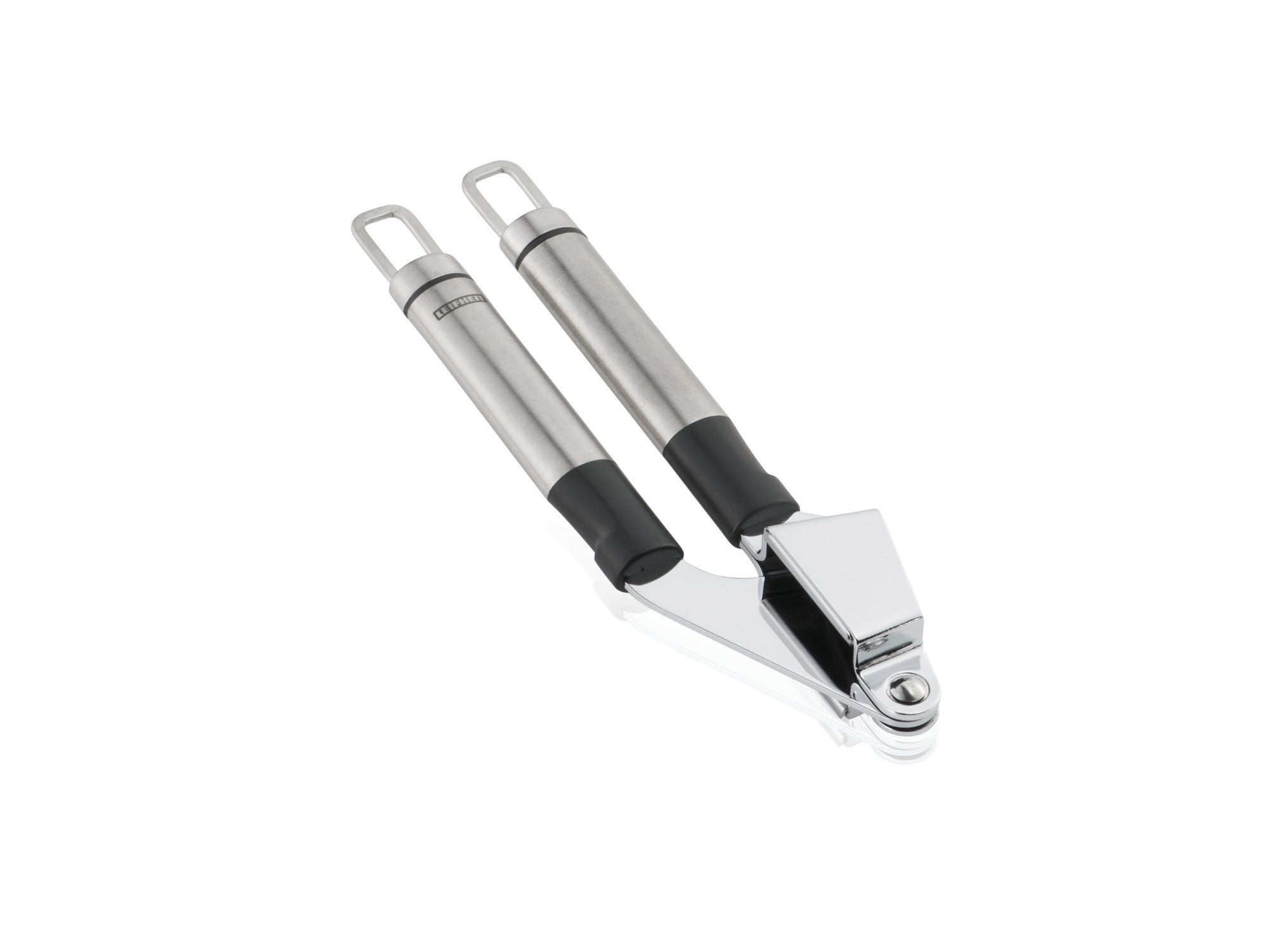 Das Bild zeigt eine hochwertige Knoblauchpresse aus Edelstahl mit ergonomischen Griffen. Sie ist ideal zum einfachen und effizienten Zerkleinern von Knoblauchzehen. Perfekt für jede Küche.