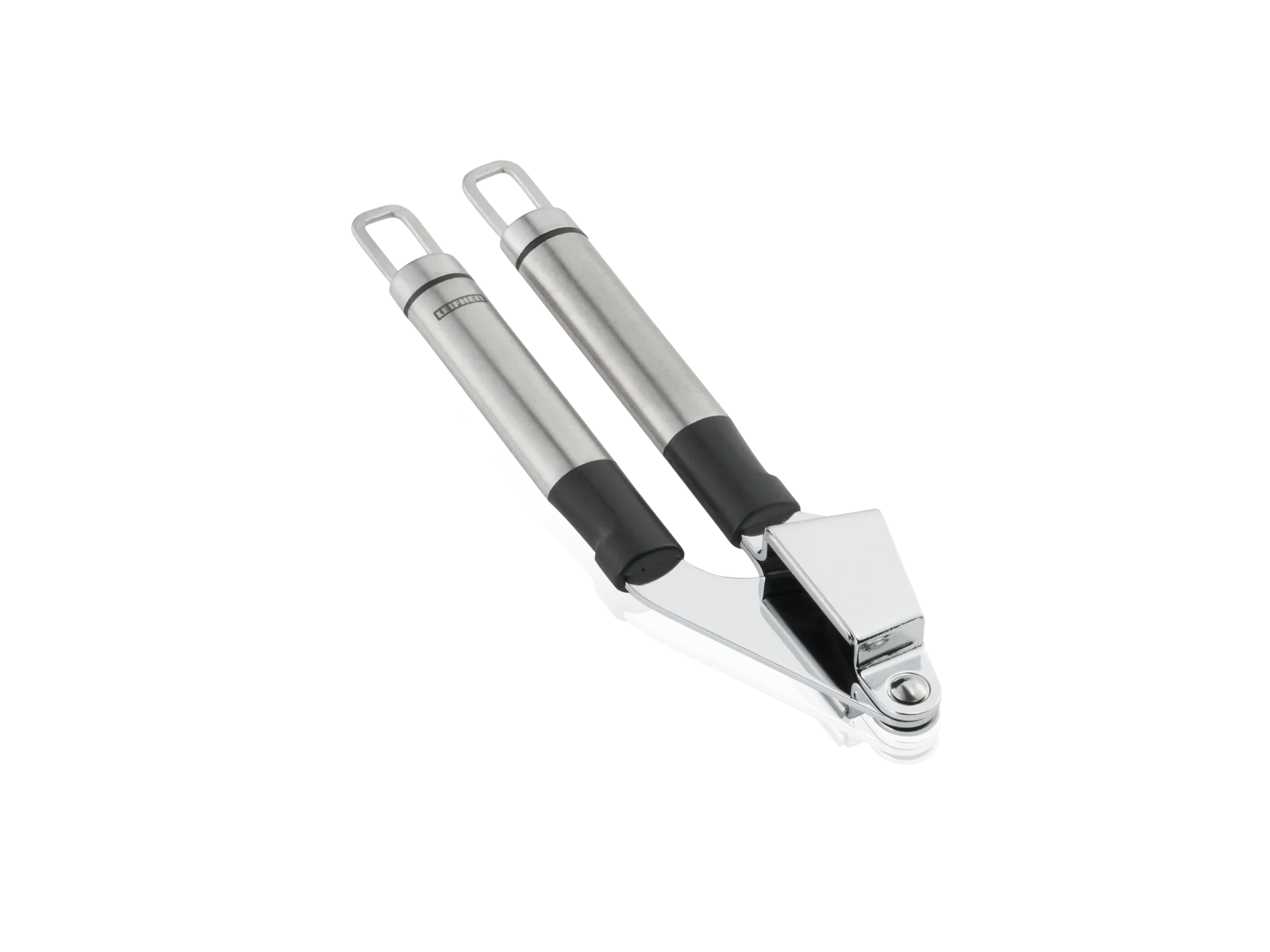 Op de foto zie je een hoogwaardige knoflookpers van roestvrij staal met ergonomische handgrepen. Ideaal voor het gemakkelijk en efficiënt fijnhakken van knoflookteentjes. Perfect voor elke keuken.