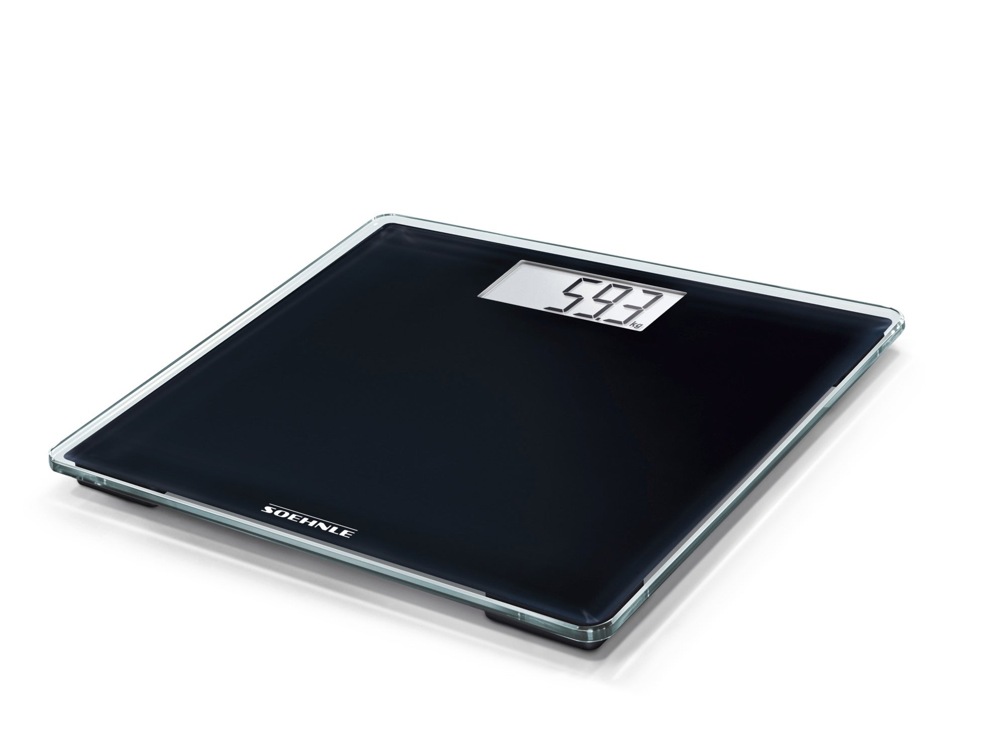 Personenwaage digital Style Sense Compact 100 in elegantem Schwarz. Die Waage zeigt ein Gewicht von 59,3 kg auf dem Display an. Ideal für präzise Gewichtsmessungen.