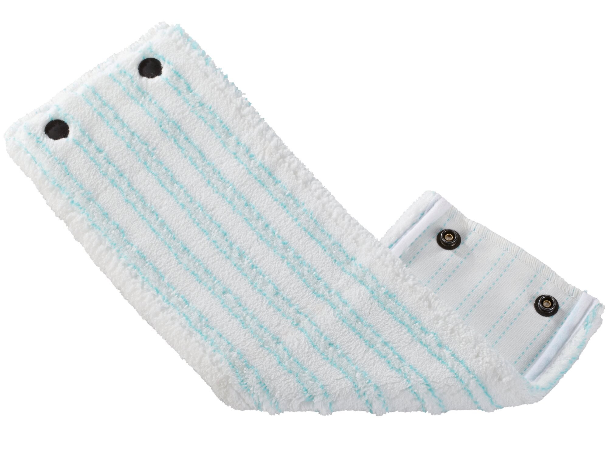 Imagen de un recambio de microfibra CLEAN TWIST micro duo. El diseño presenta franjas azules y blancas, ideal para una limpieza eficaz de suelos delicados. Equipado con botones para un ajuste seguro al lavapavimenti.